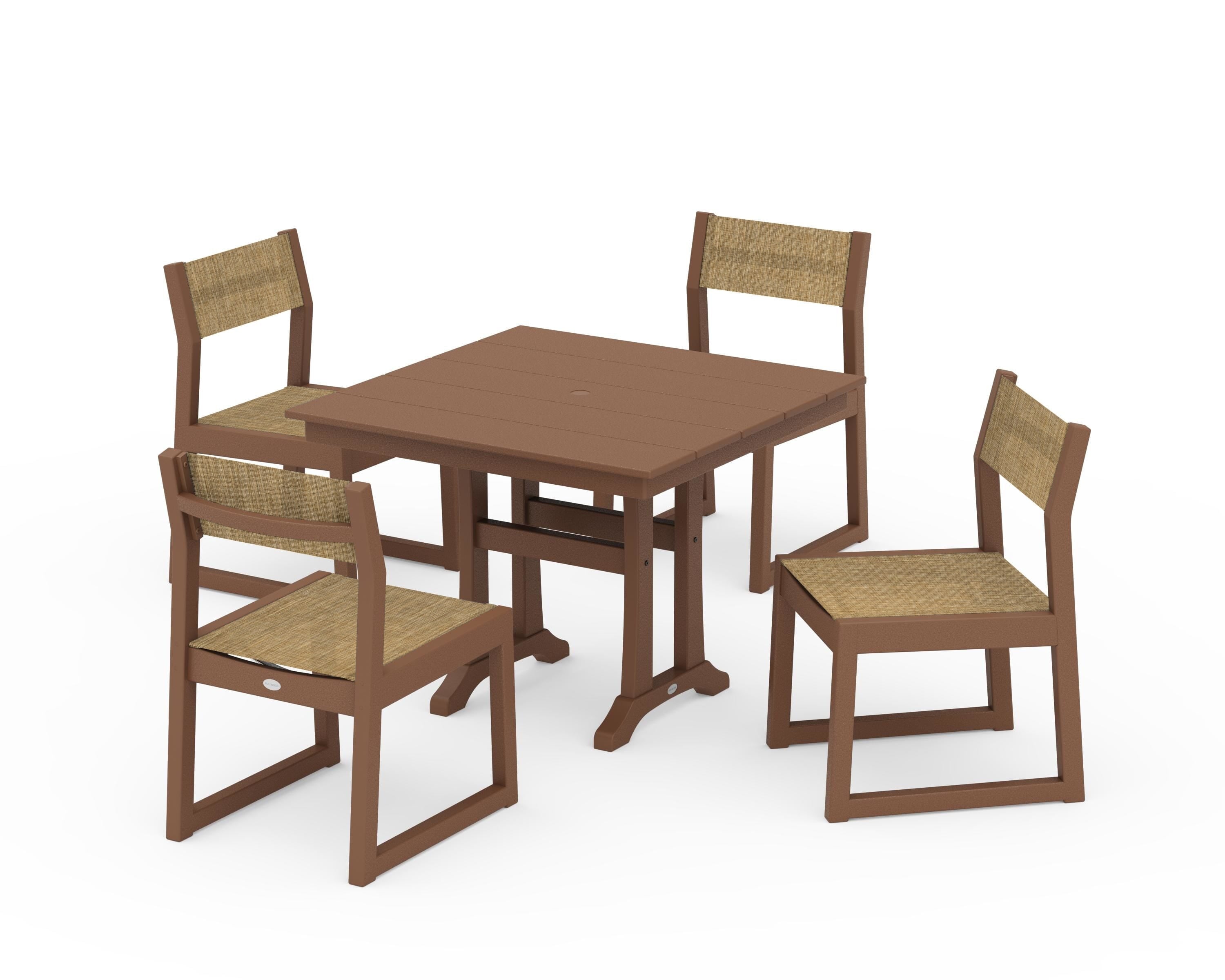 POLYWOOD® EDGE Sling 5-Piece Farmhouse Trestle Side Chair Dining Set in Teak / Burlap Sling