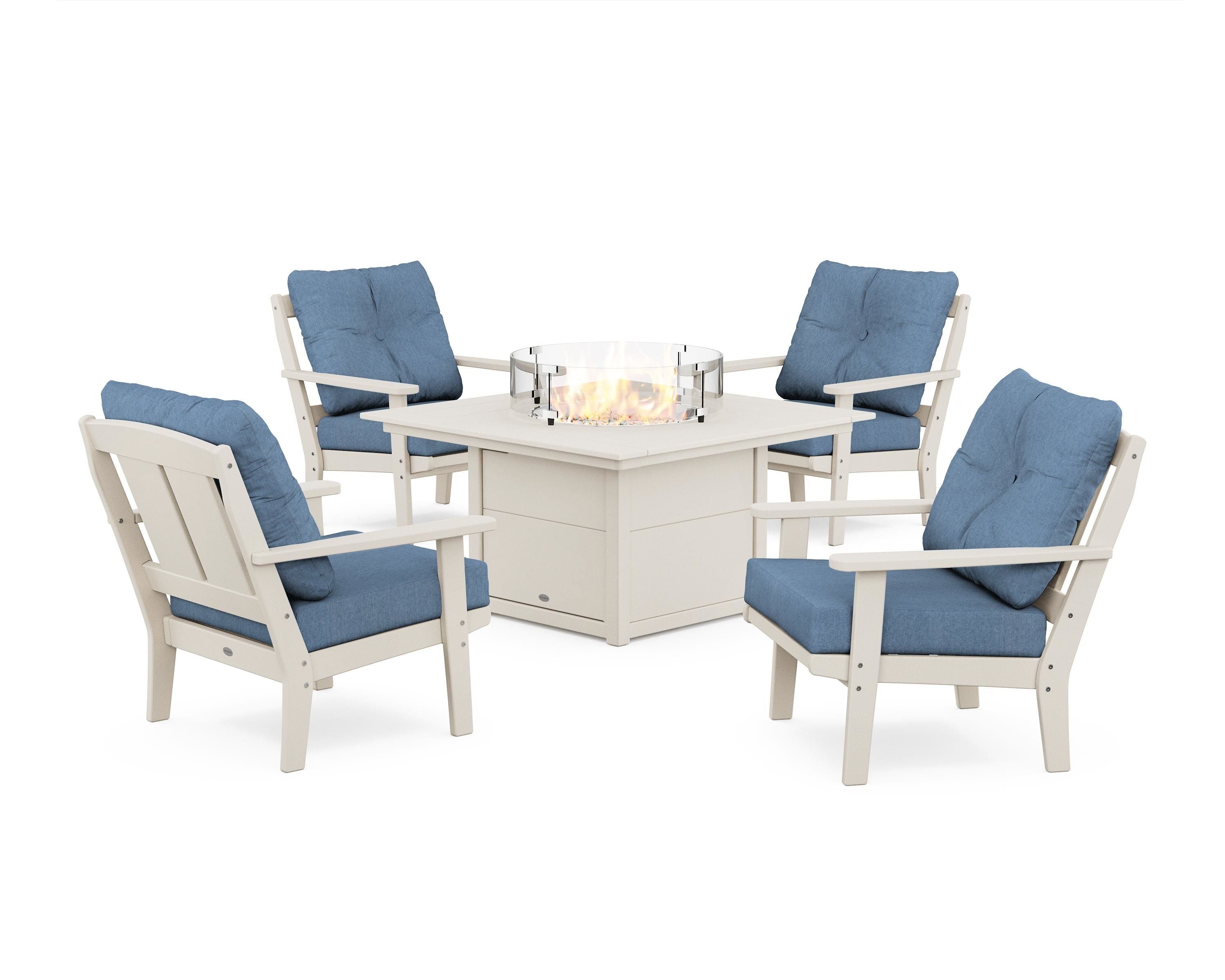 POLYWOOD® Mission 5-Piece Deep Seating Set with Fire Pit Table in Sand / Sky Blue
