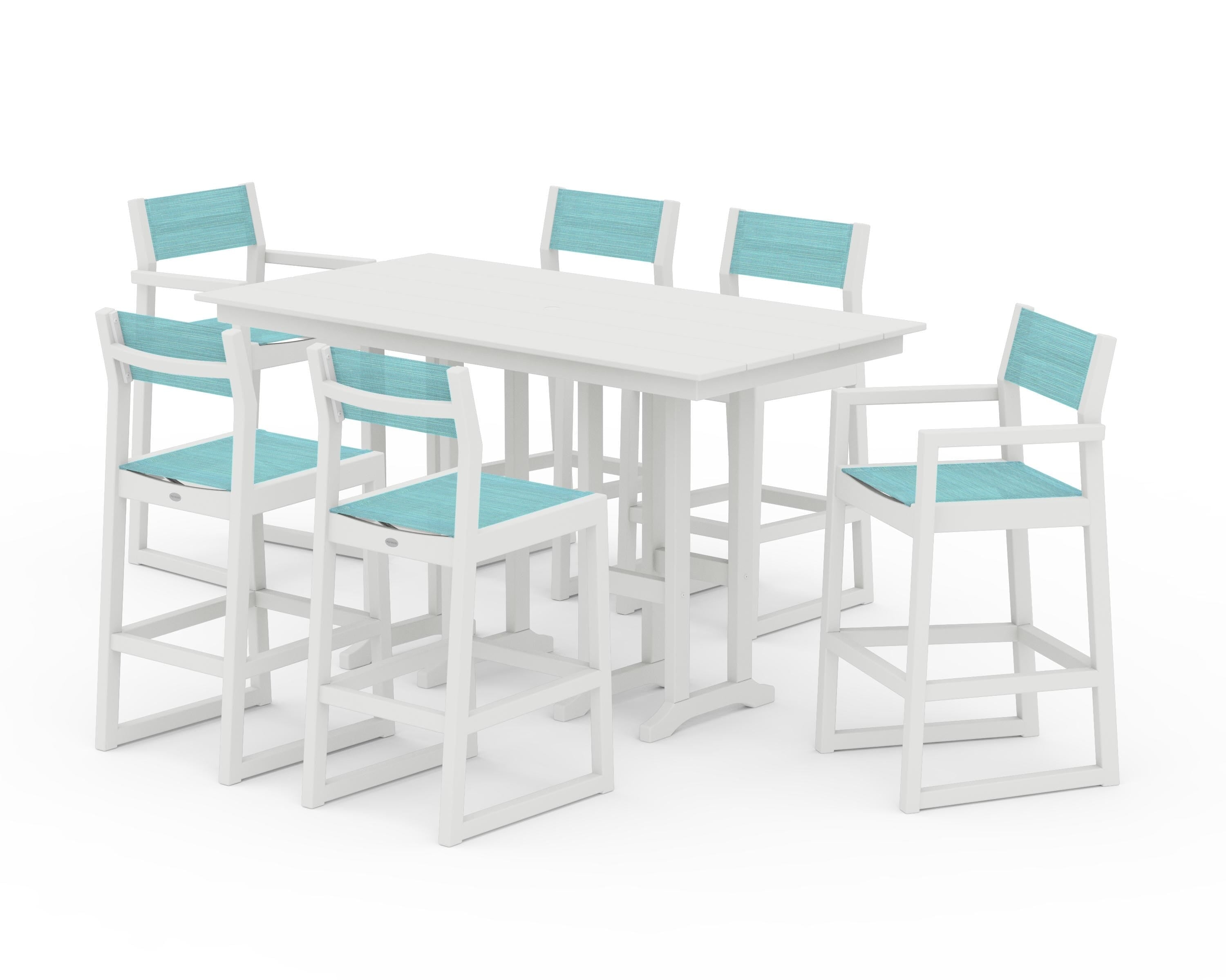 POLYWOOD® EDGE Sling 7-Piece Farmhouse Bar Set in White / Dupioni Aquamarine Sling