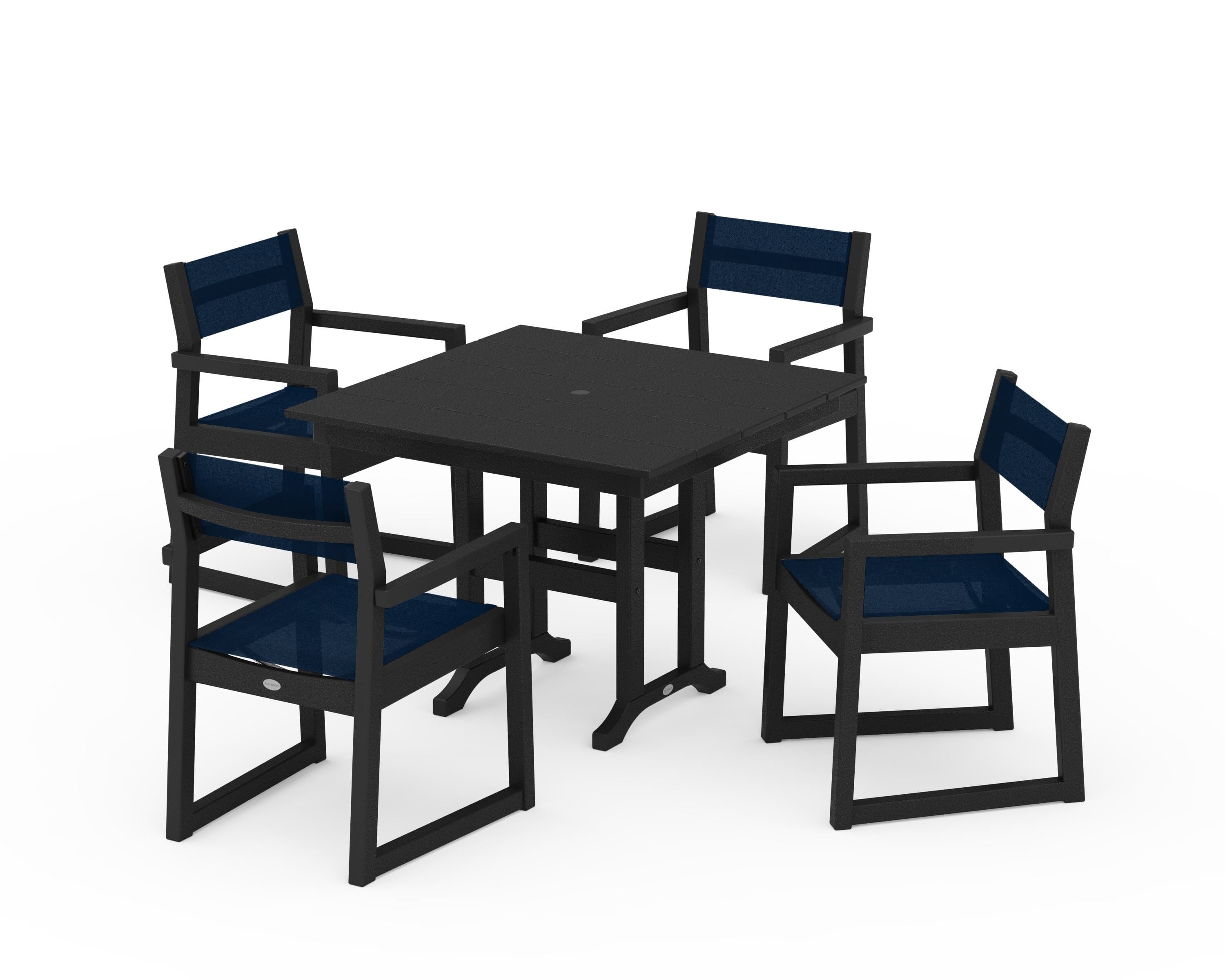 POLYWOOD® EDGE Sling Arm Chair 5-Piece Farmhouse Dining Set in Black / Navy Blue Sling