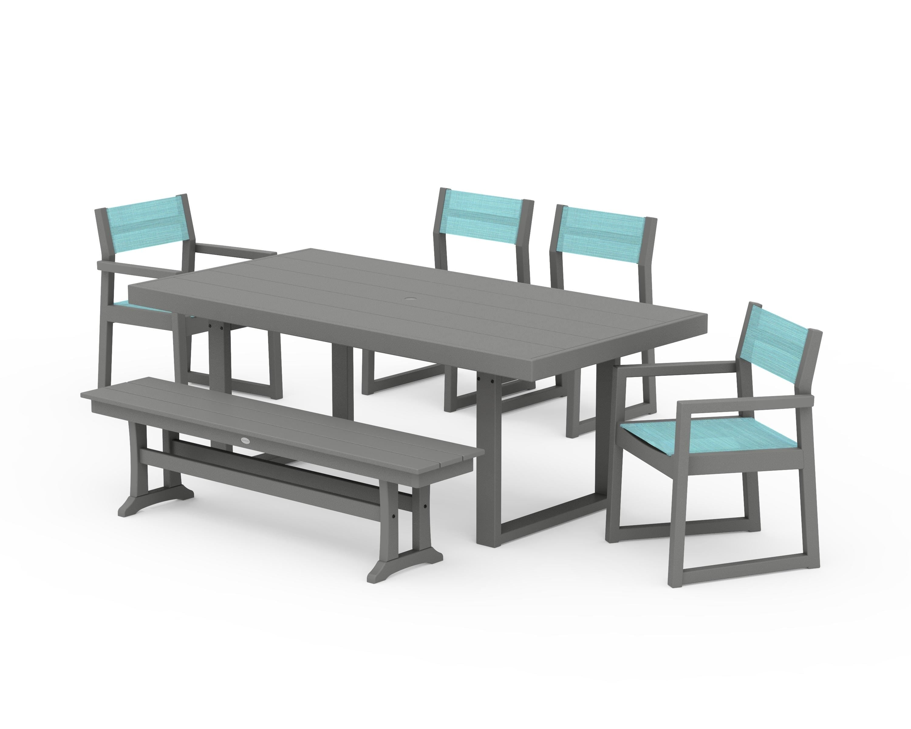 POLYWOOD® EDGE Sling 6-Piece Dining Set with Bench in Slate Grey / Dupioni Aquamarine Sling