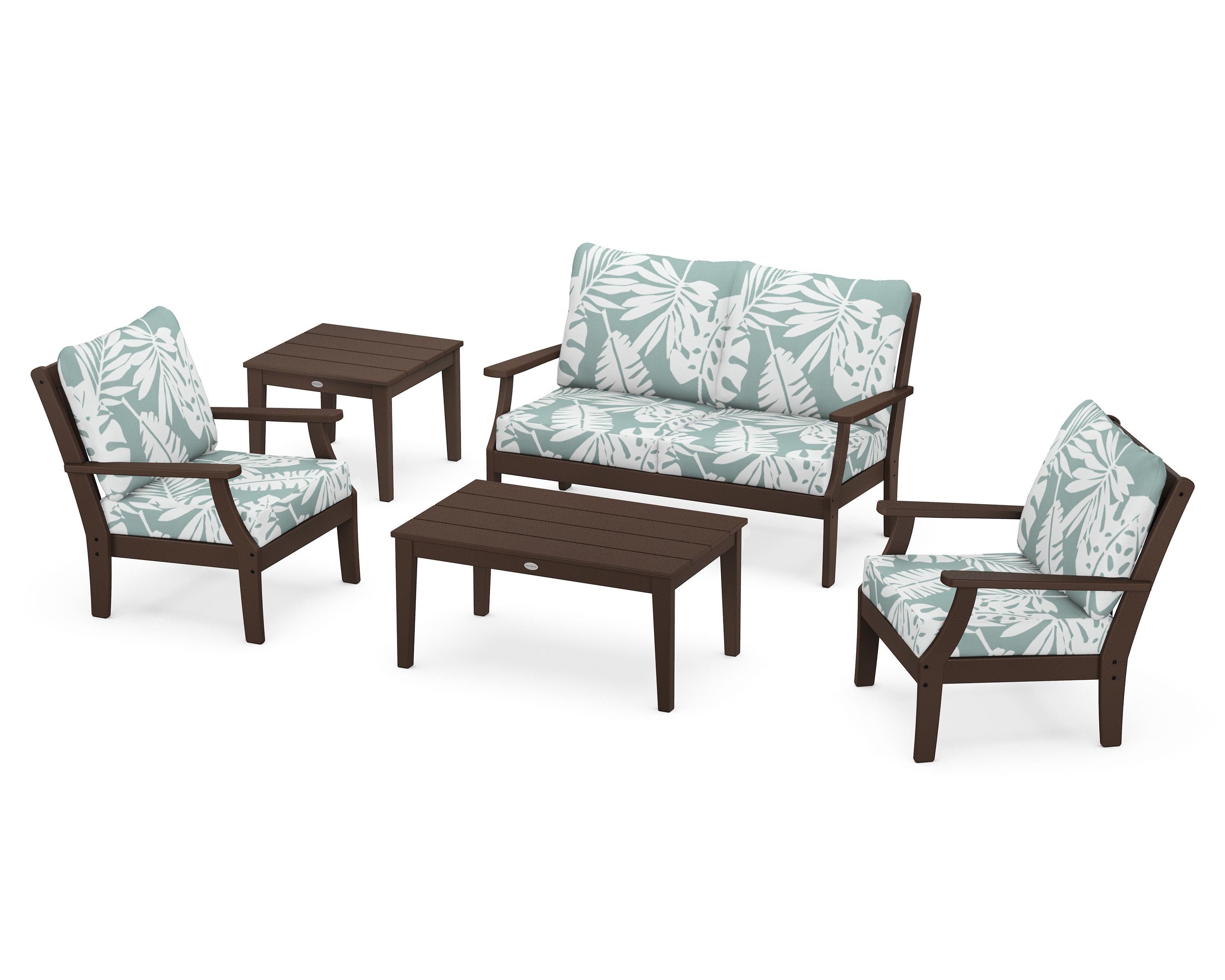 POLYWOOD® Braxton 5-Piece Deep Seating Set in Mahogany / Leaf Glacier Spa