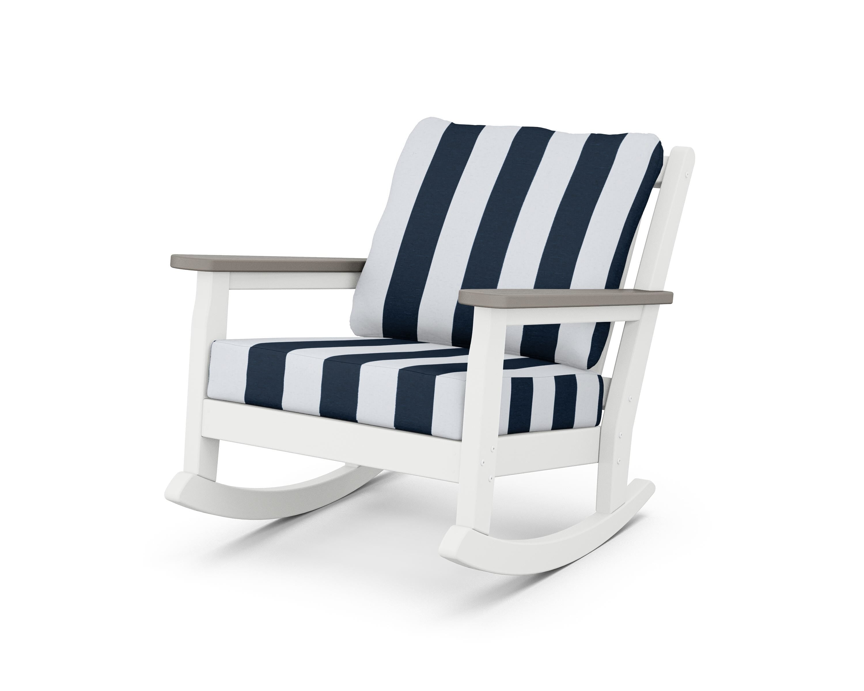 POLYWOOD® Chippendale Deep Seating Rocking Chair in White / Driftwood / Cabana Stripe Marine Indigo