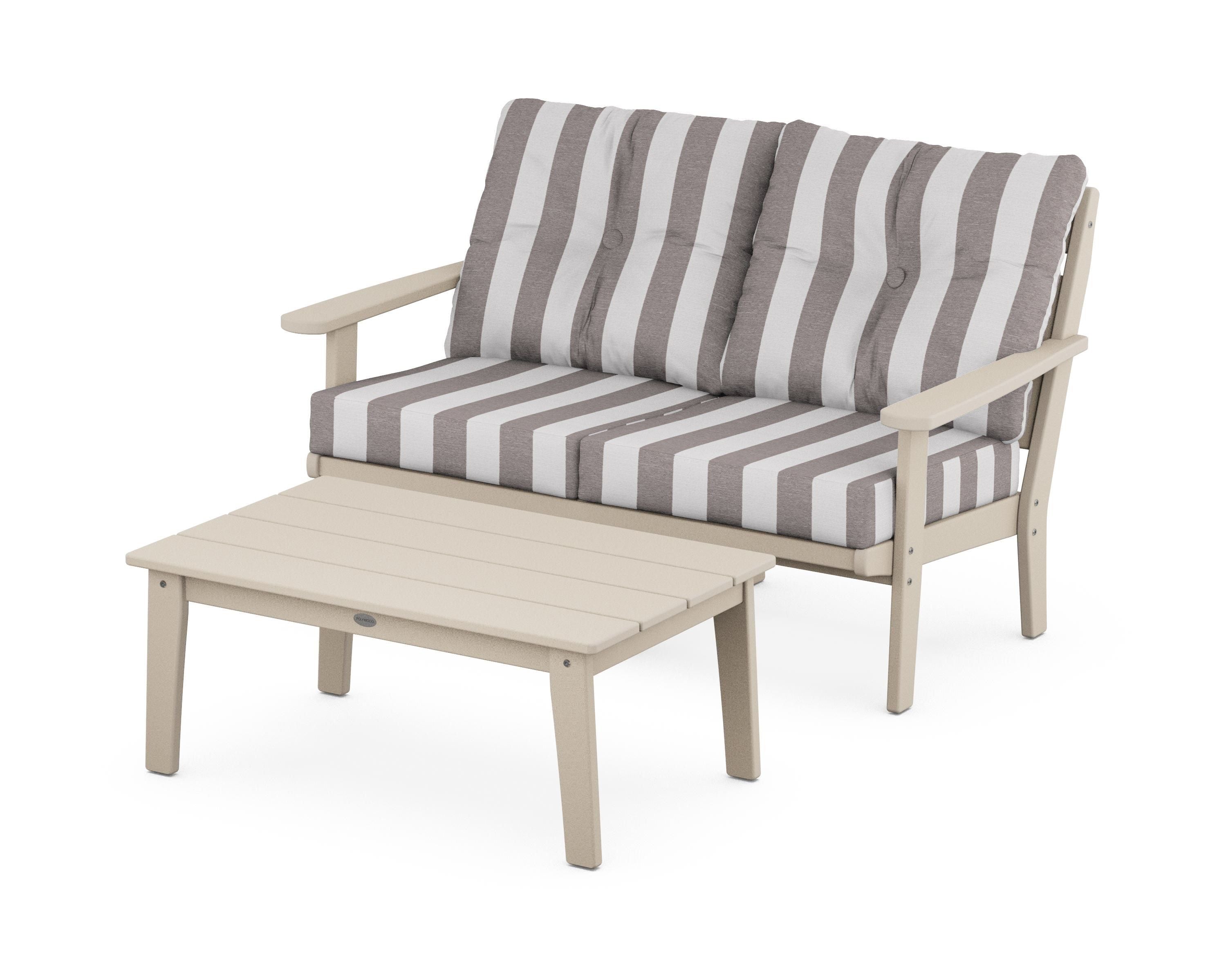 POLYWOOD® Lakeside 2-Piece Lounge Loveseat Set in Sand / Cabana Stripe Grey Mist