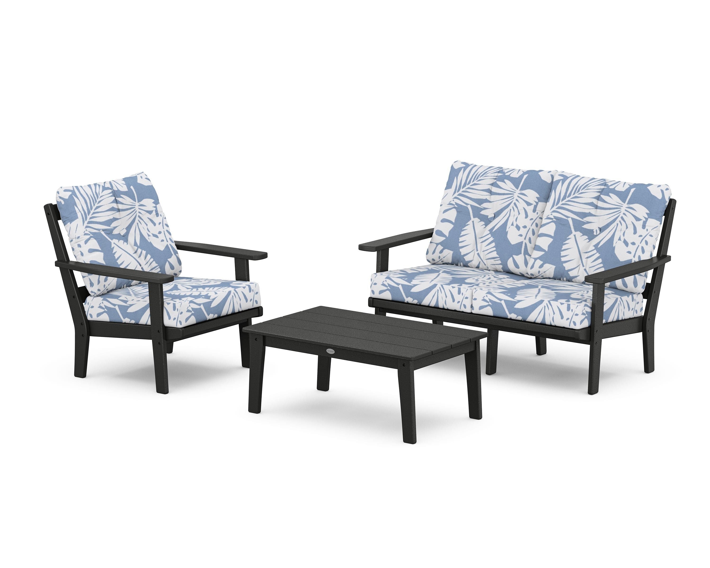POLYWOOD® Prairie 3-Piece Deep Seating Set with Loveseat in Black / Leaf Sky Blue