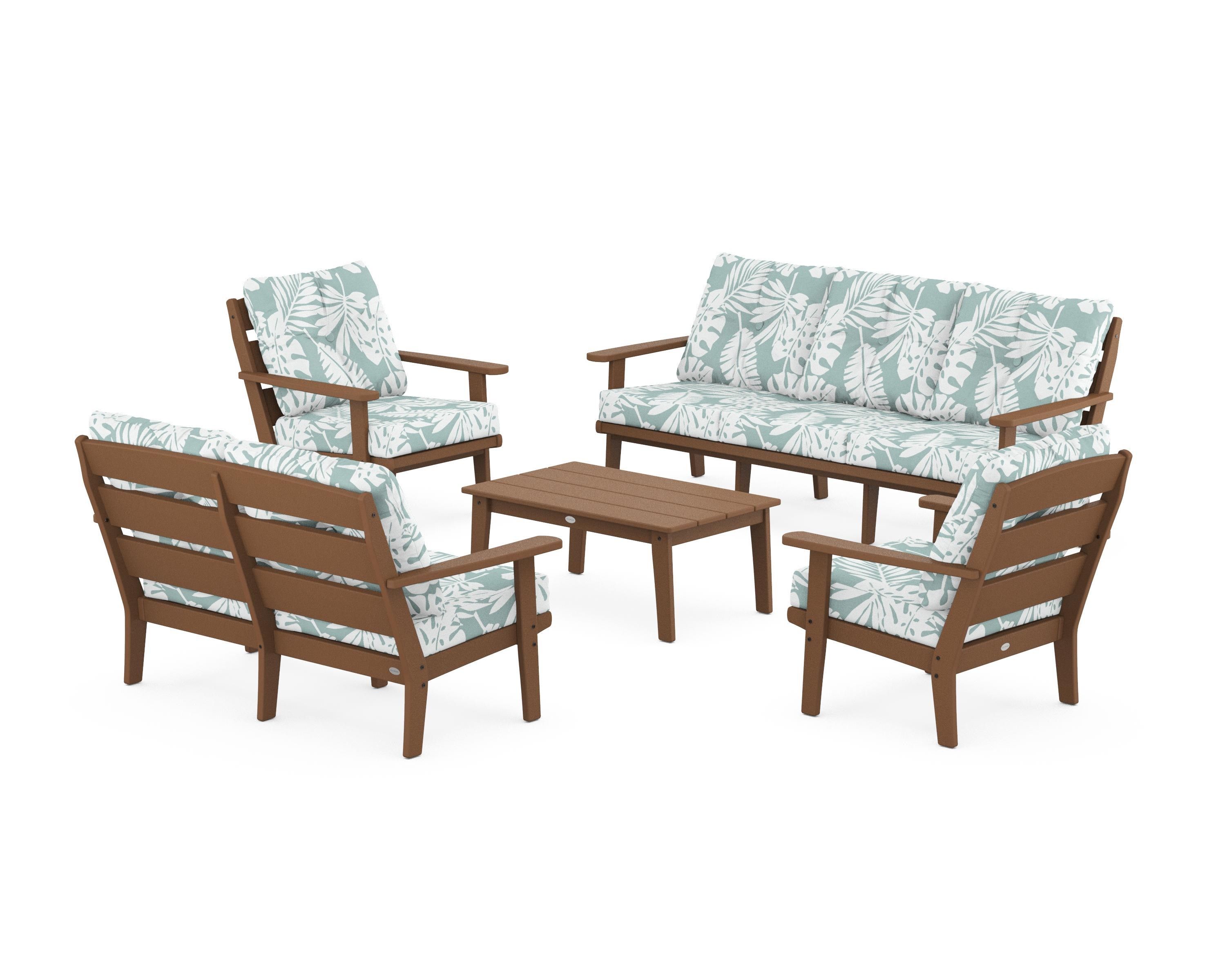 POLYWOOD® Lakeside 5-Piece Lounge Sofa Set in Teak / Leaf Glacier Spa