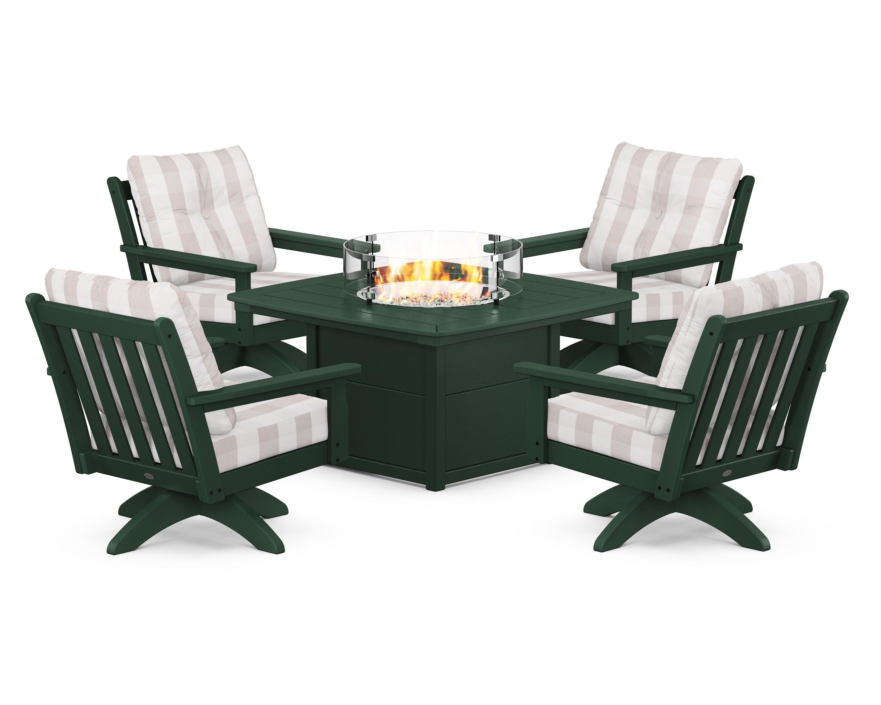 POLYWOOD® Vineyard 5-Piece Deep Seating Swivel Conversation Set with Fire Pit Table in Green / Buffalo Plaid Dune Burlap