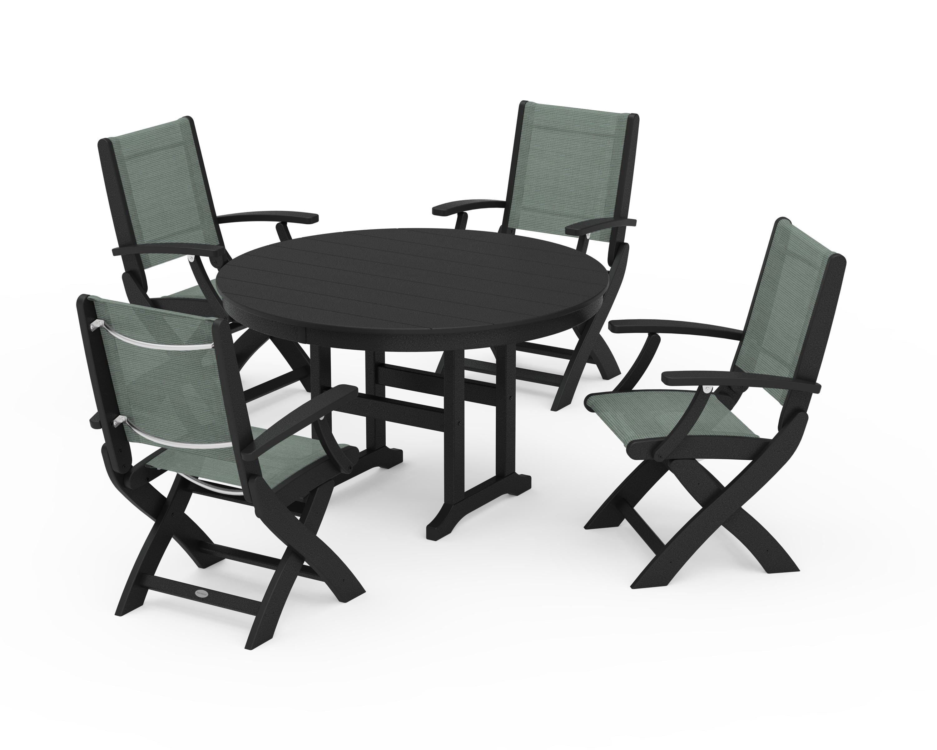 POLYWOOD® Coastal Folding Chair 5-Piece Round Dining Set in Black / Dupioni Sea Mist Sling