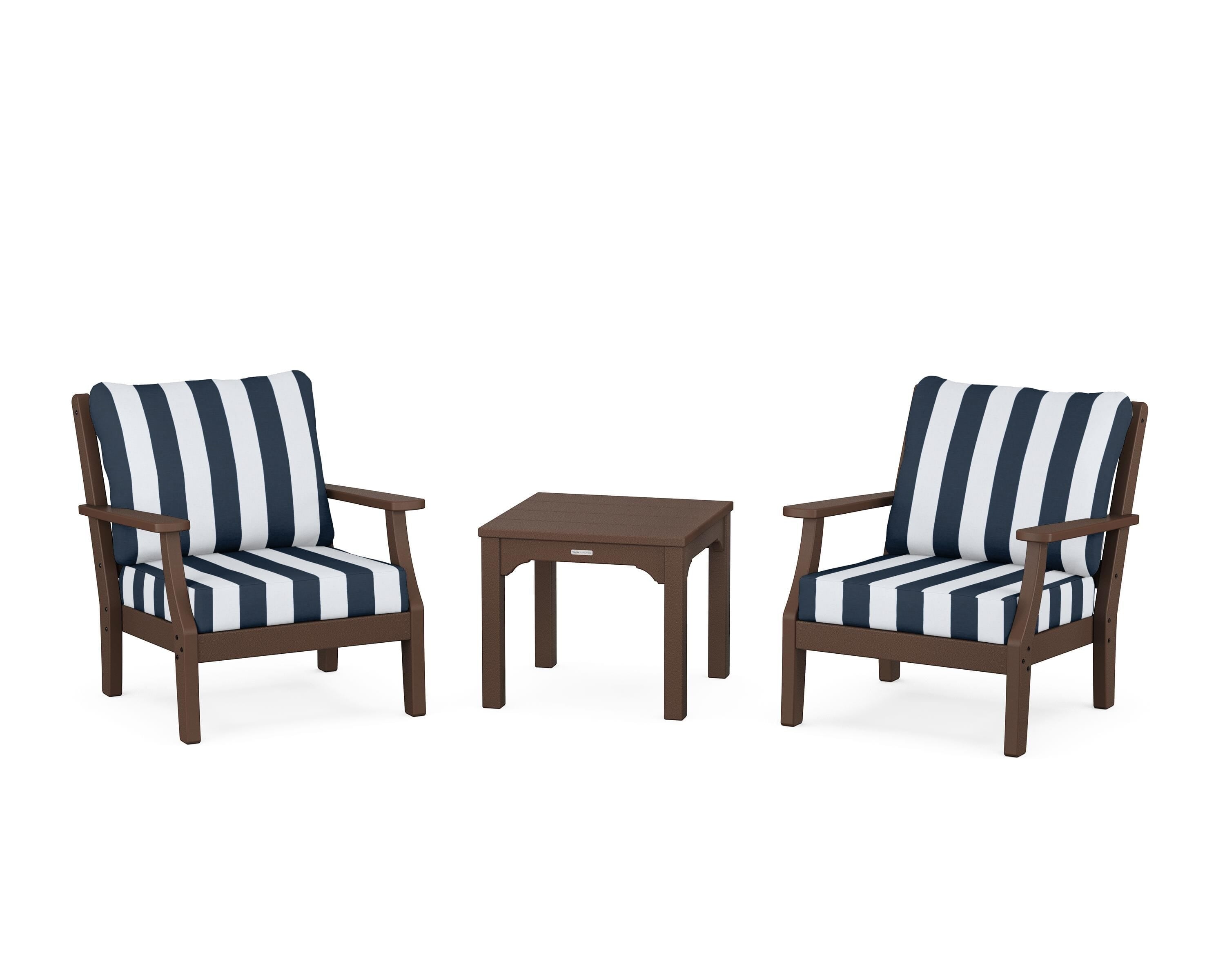 Martha Stewart by POLYWOOD® Chinoiserie 3-Piece Deep Seating Set in Mahogany / Cabana Stripe Marine Indigo