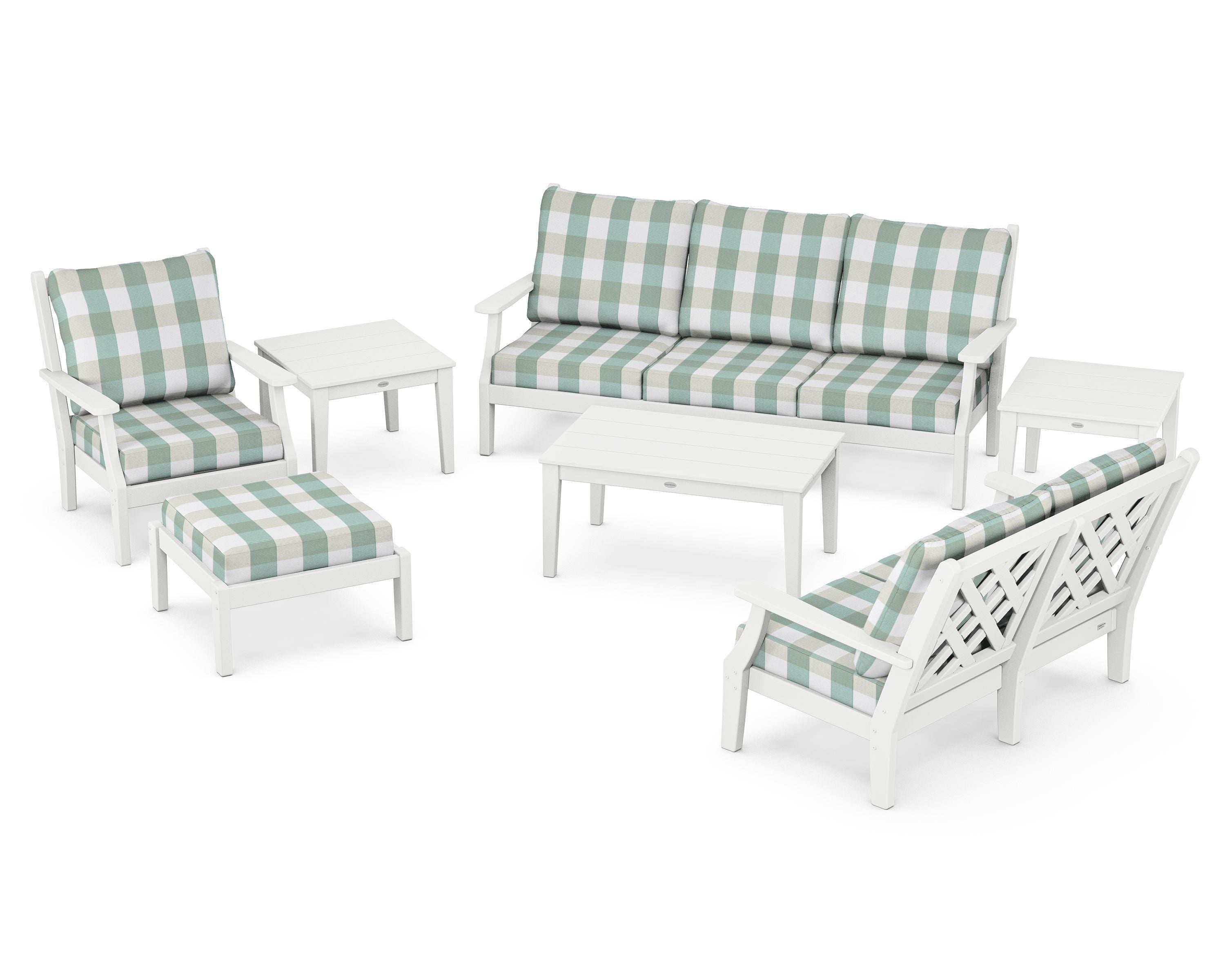Country Living Wovendale 7-Piece Deep Seating Set in White / Buffalo Plaid Glacier Spa