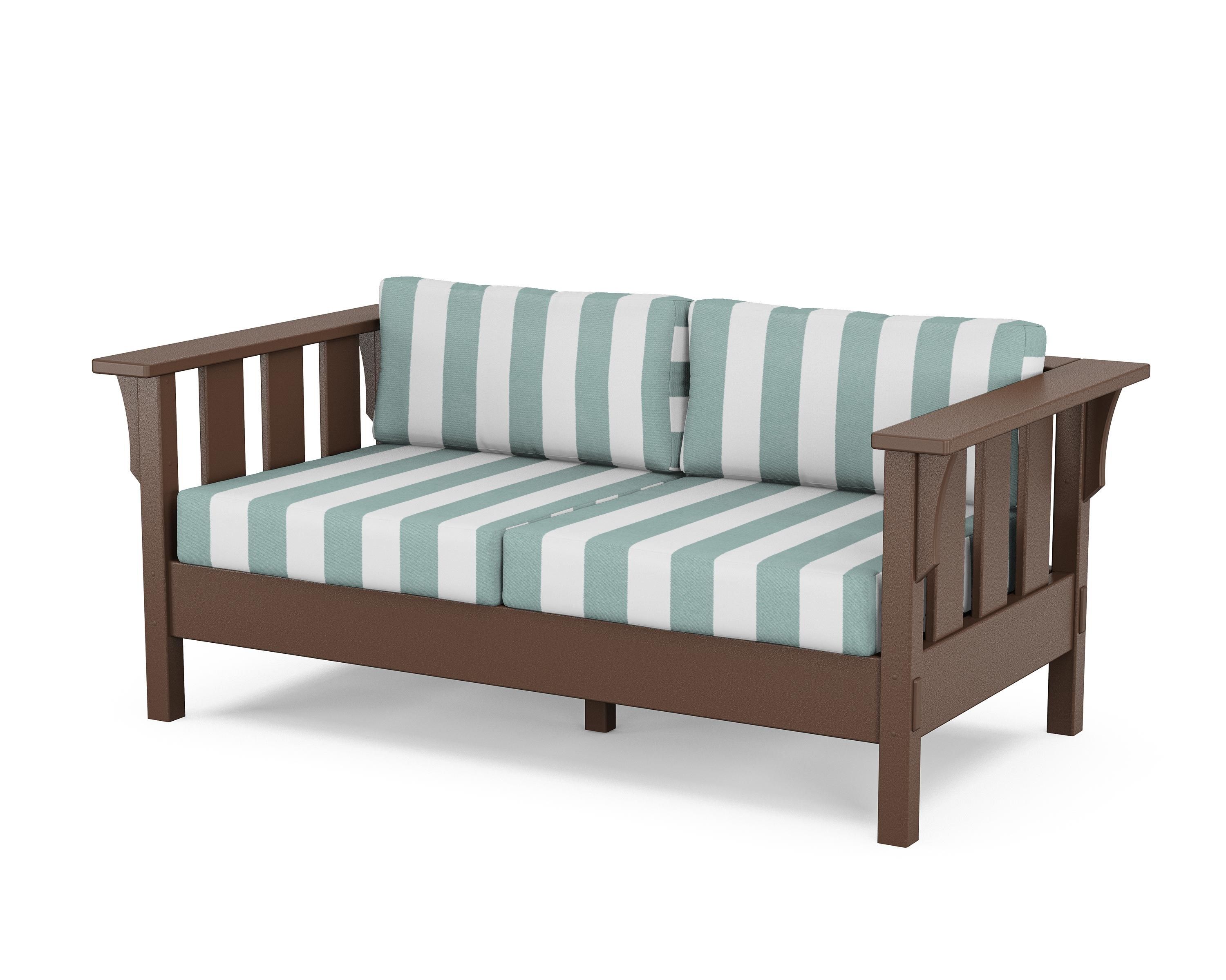 Martha Stewart by POLYWOOD® Acadia Deep Seating Loveseat in Mahogany / Cabana Stripe Glacier Spa
