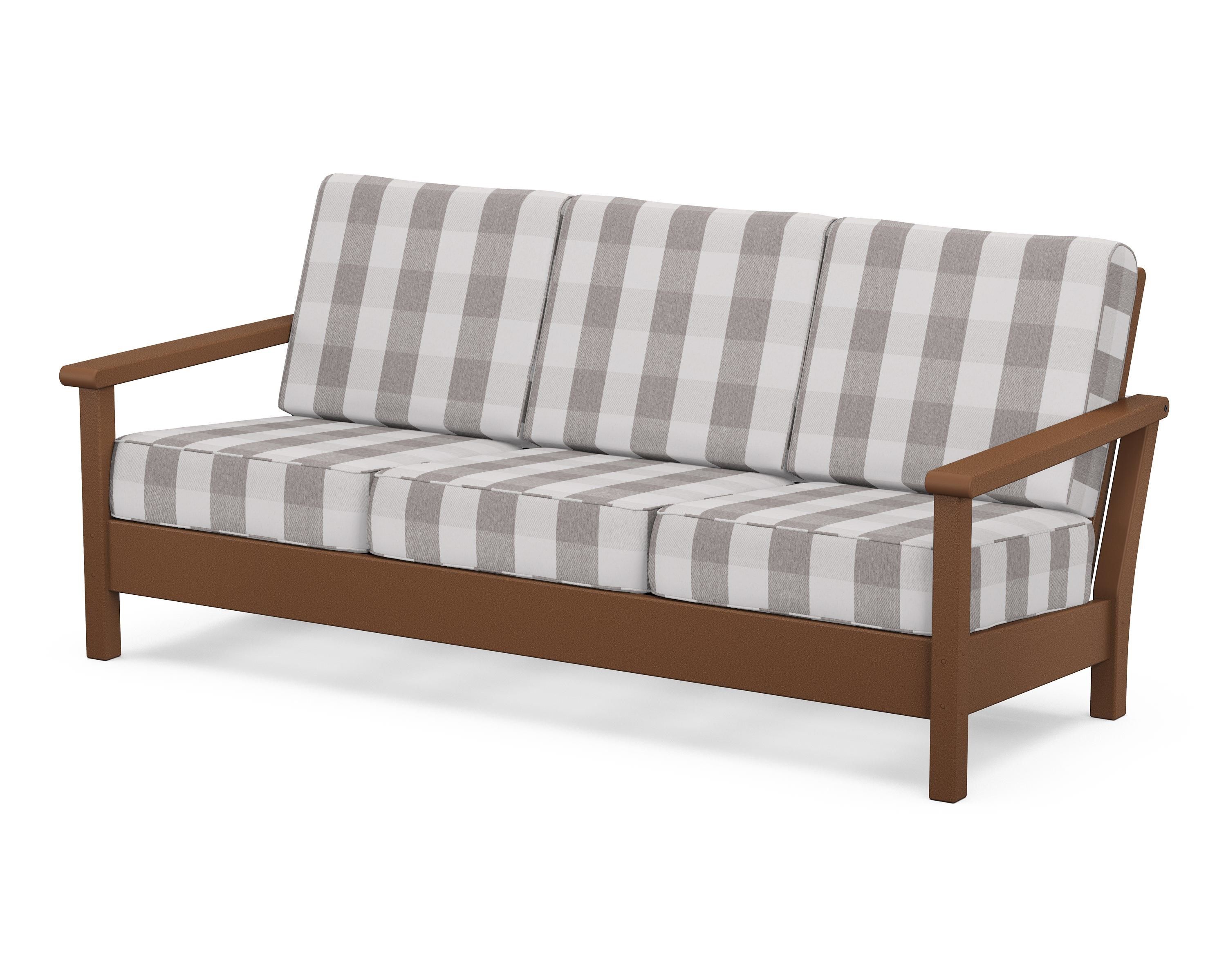 POLYWOOD® Harbour Deep Seating Sofa in Teak / Buffalo Plaid Grey Mist