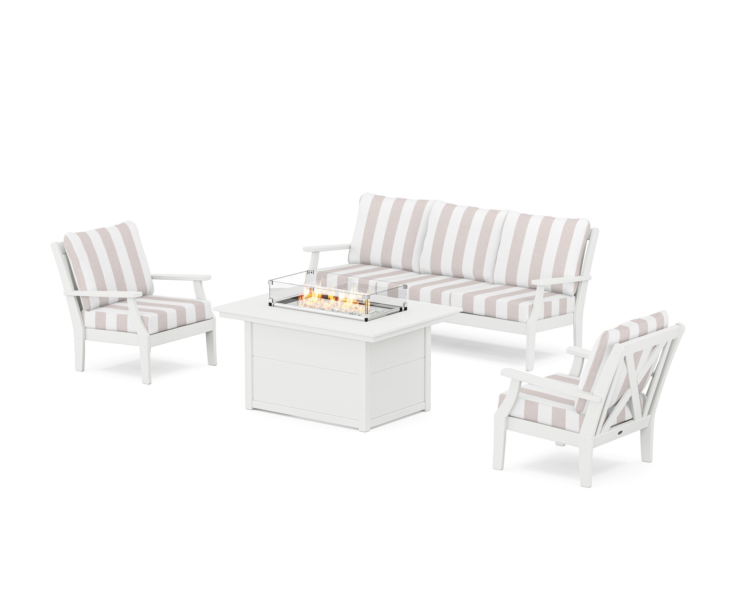 POLYWOOD® Braxton Deep Seating Fire Pit Table Set in White / Cabana Stripe Dune Burlap