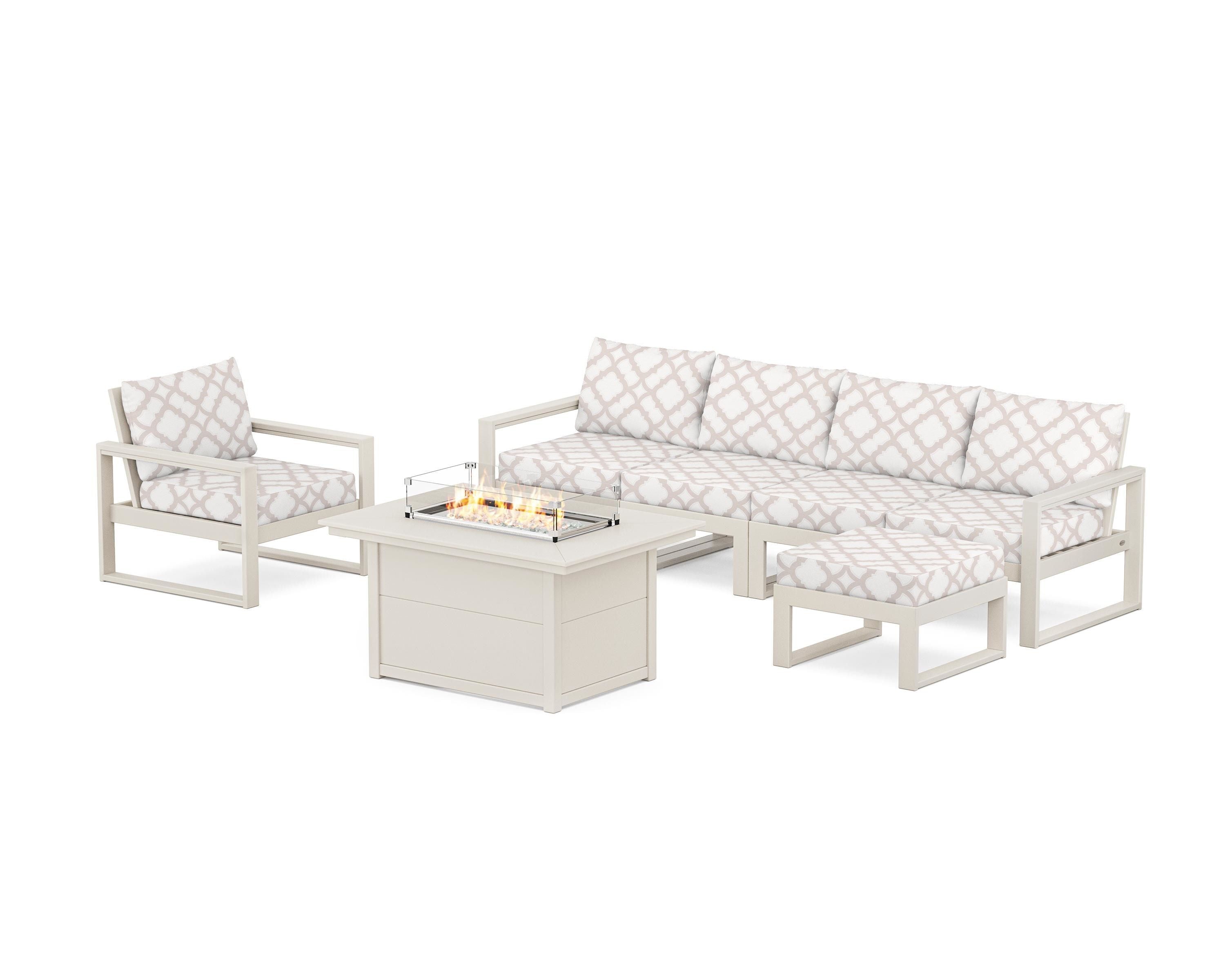 POLYWOOD® EDGE Sectional Lounge and Fire Pit Set in Sand / Trellis Dune Burlap