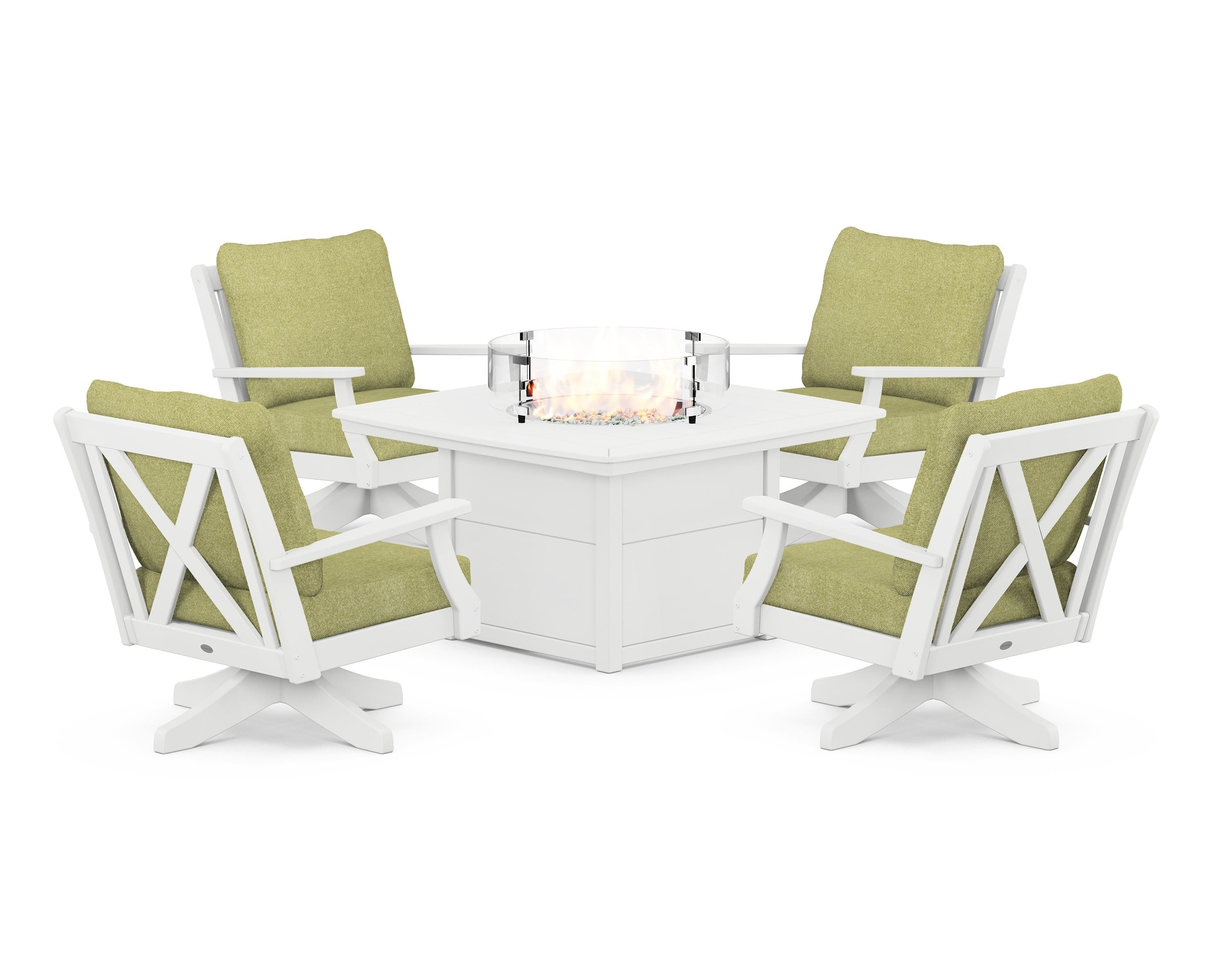POLYWOOD® Braxton 5-Piece Deep Seating Swivel Conversation Set with Fire Pit Table in White / Chartreuse Boucle