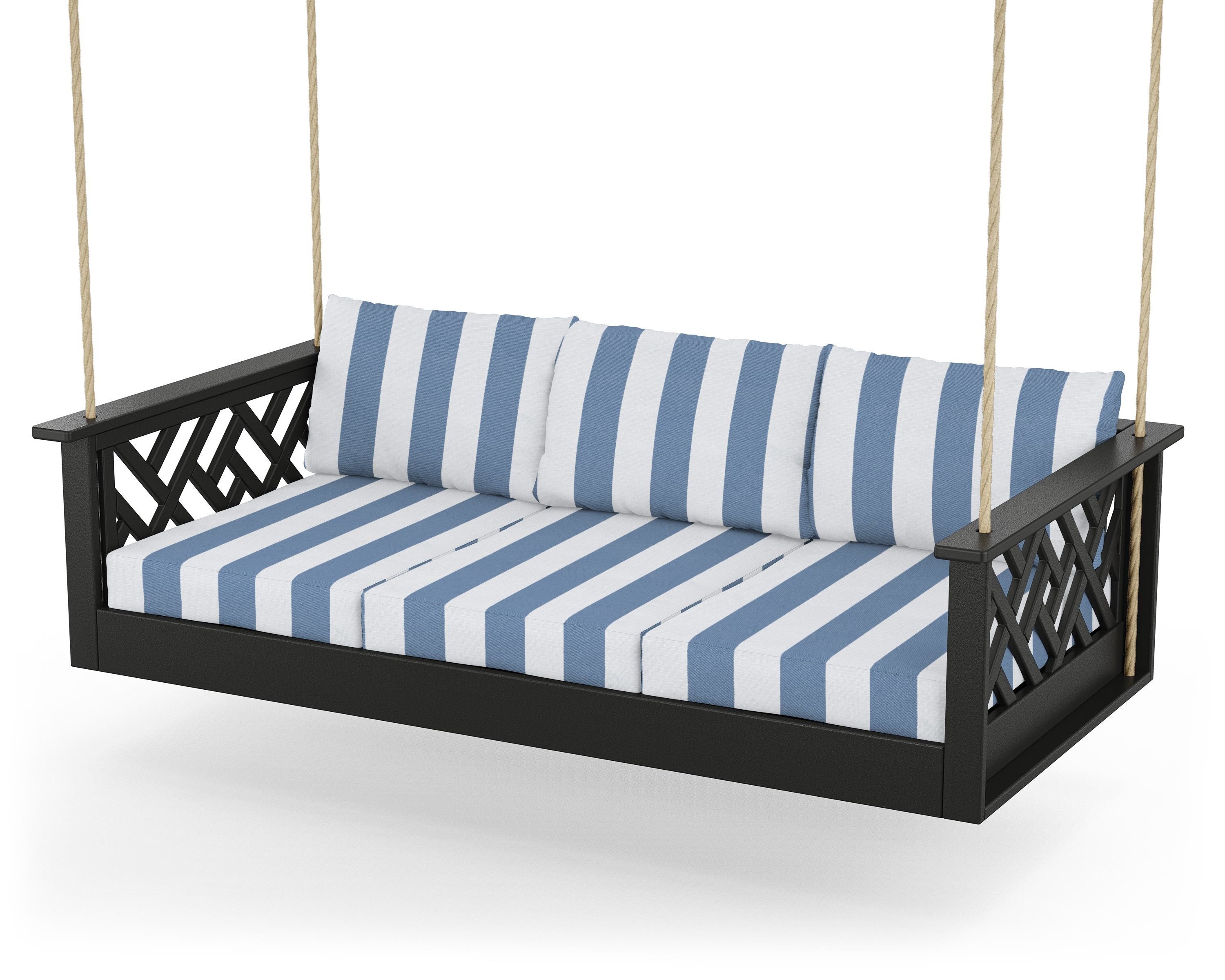 POLYWOOD® Chippendale Daybed Swing in Black / Cabana Stripe Sky Blue