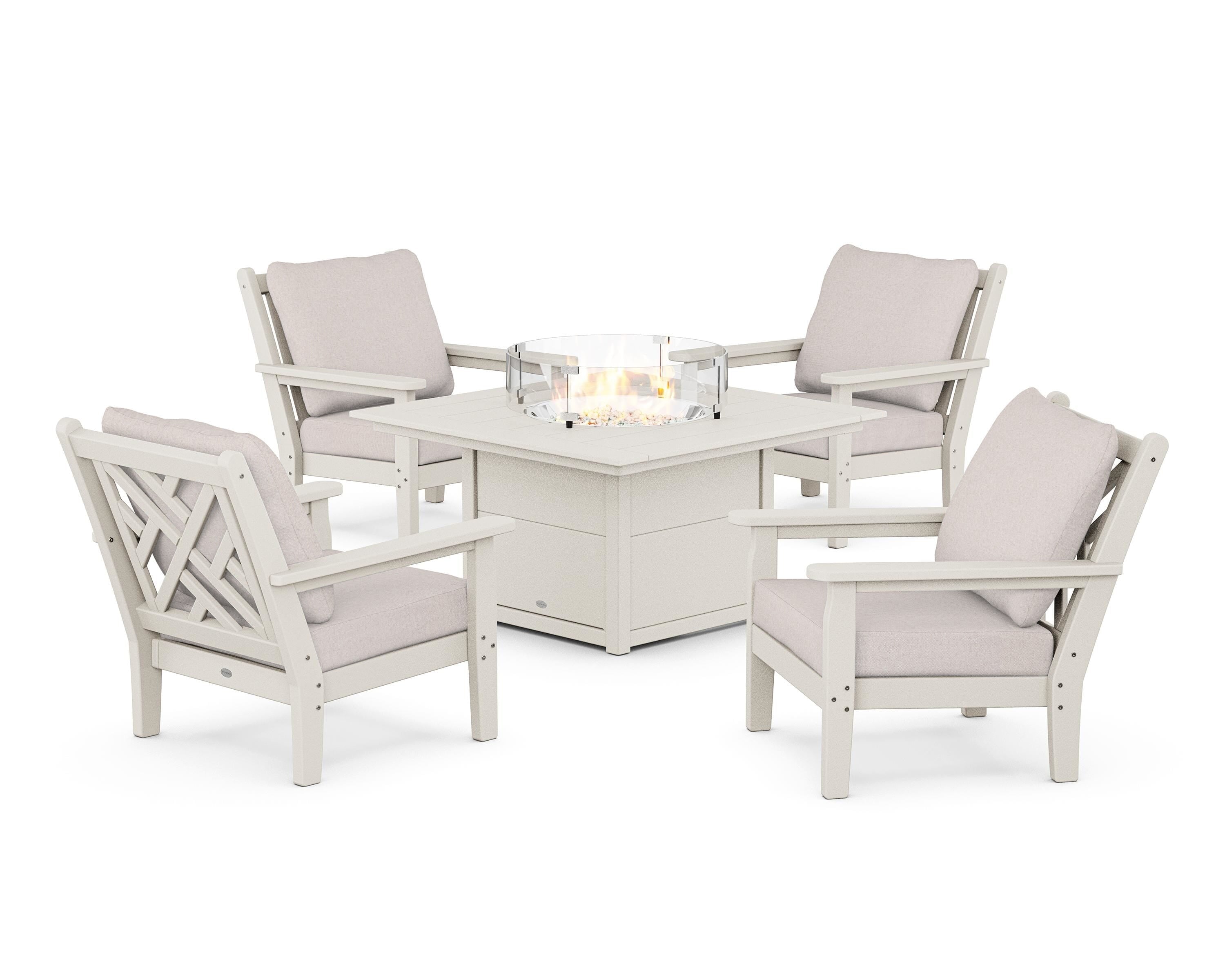 POLYWOOD® Chippendale 5-Piece Deep Seating Set with Fire Pit Table in Sand / Dune Burlap