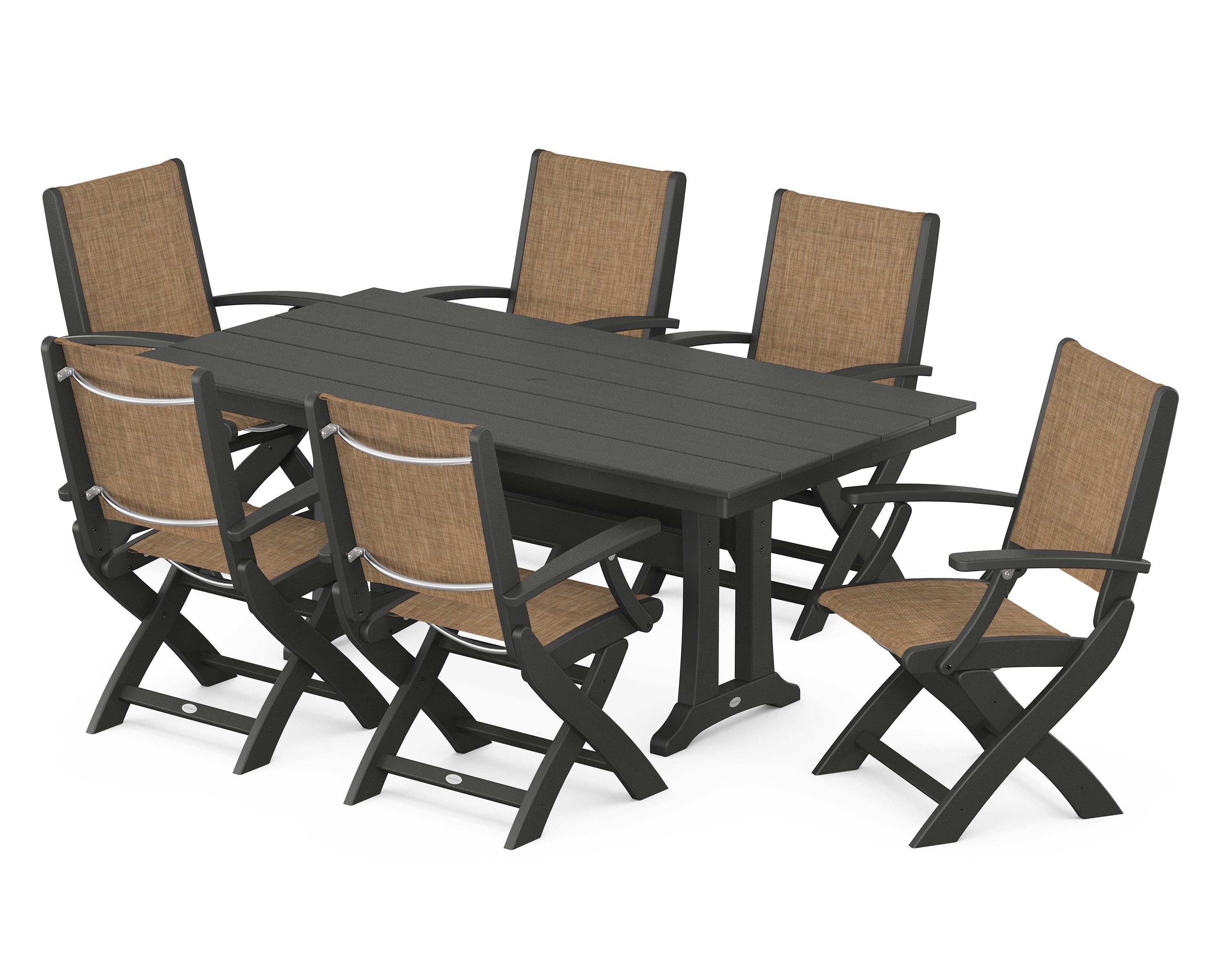 POLYWOOD® Coastal Folding Arm Chair 7-Piece Farmhouse Dining Set with Trestle Legs in Black / Burlap Sling