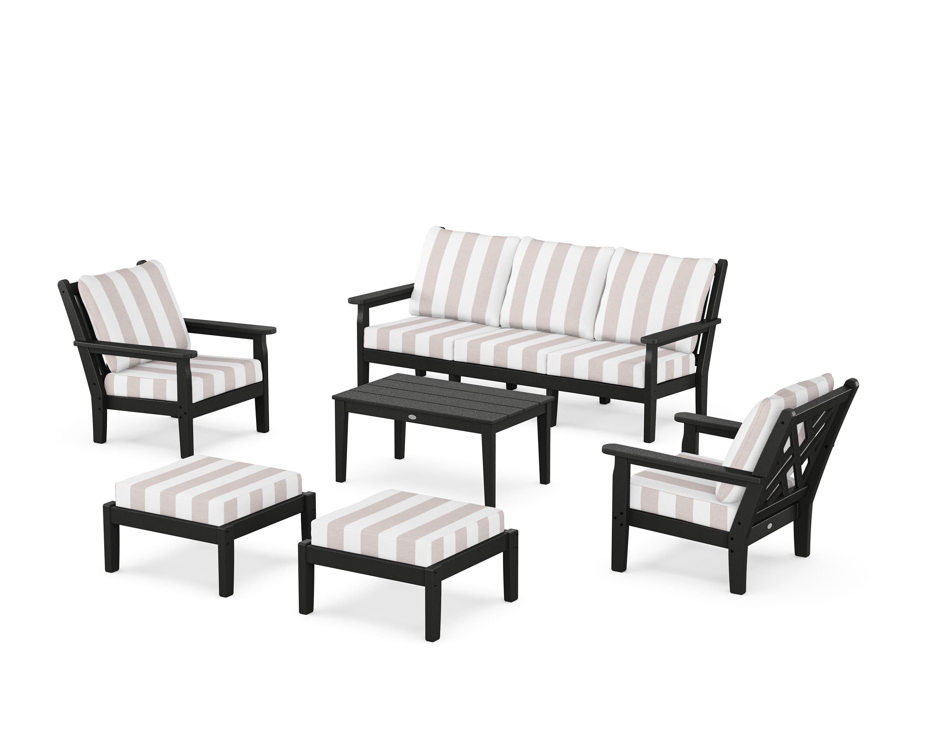 POLYWOOD® Chippendale 6-Piece Lounge Sofa Set in Black / Cabana Stripe Dune Burlap
