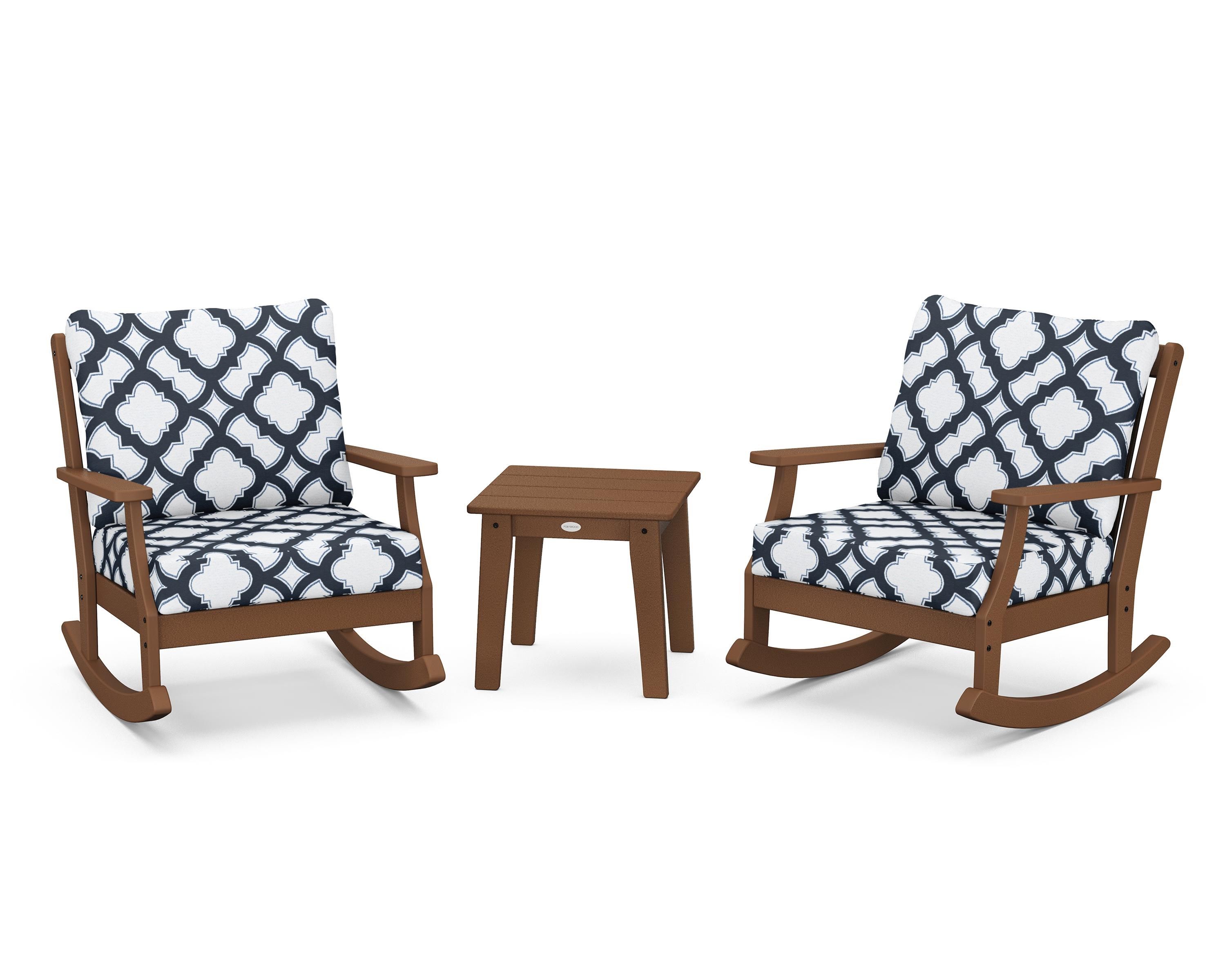 POLYWOOD® Braxton 3-Piece Deep Seating Rocker Set in Teak / Trellis Marine Indigo