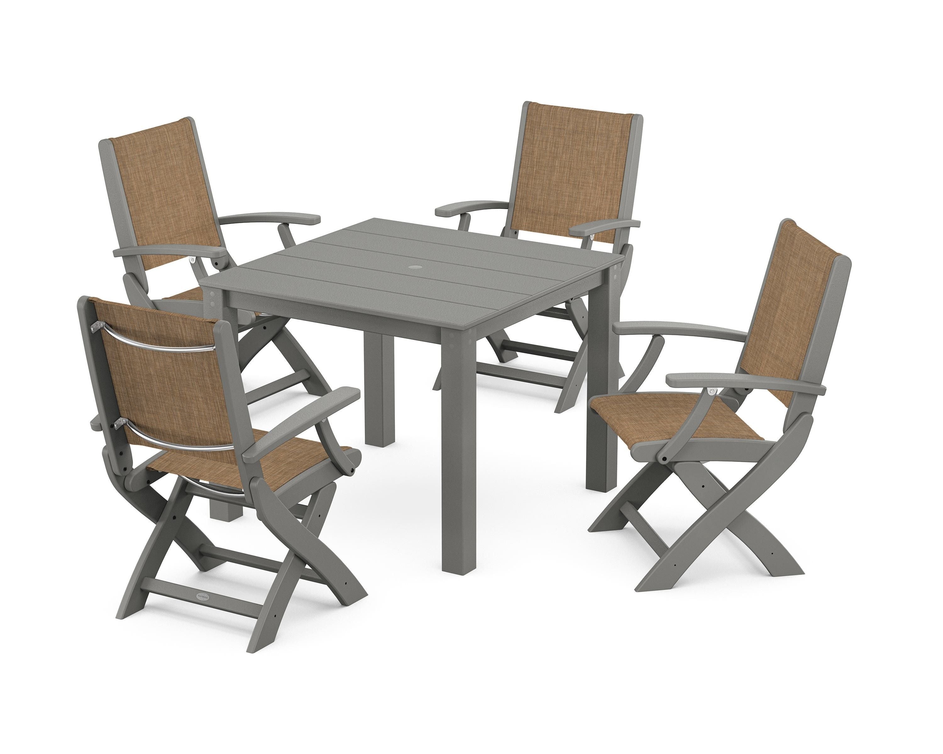 POLYWOOD® Coastal Folding Chair 5-Piece Parsons Dining Set in Slate Grey / Burlap Sling