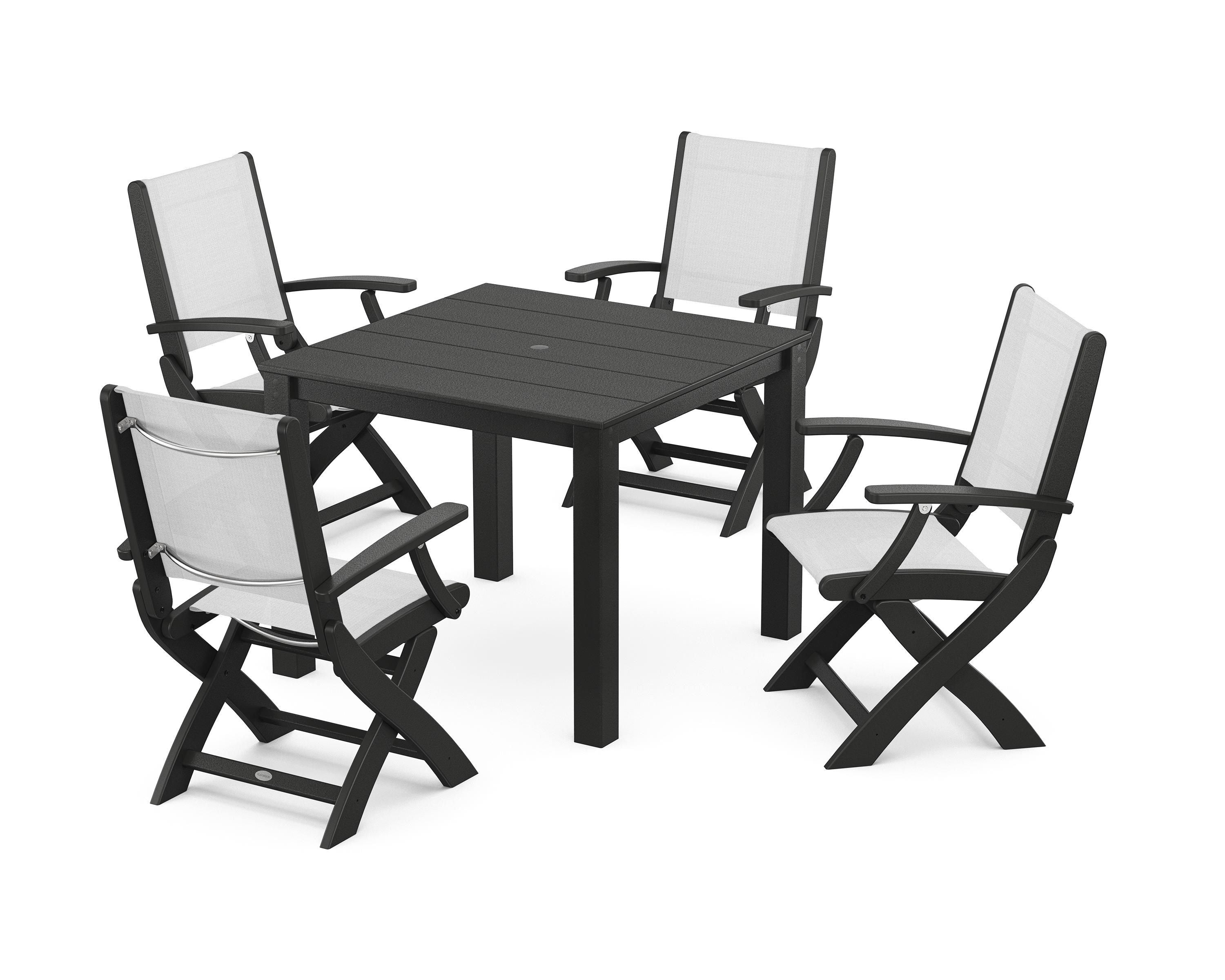POLYWOOD® Coastal Folding Chair 5-Piece Parsons Dining Set in Black / White Sling