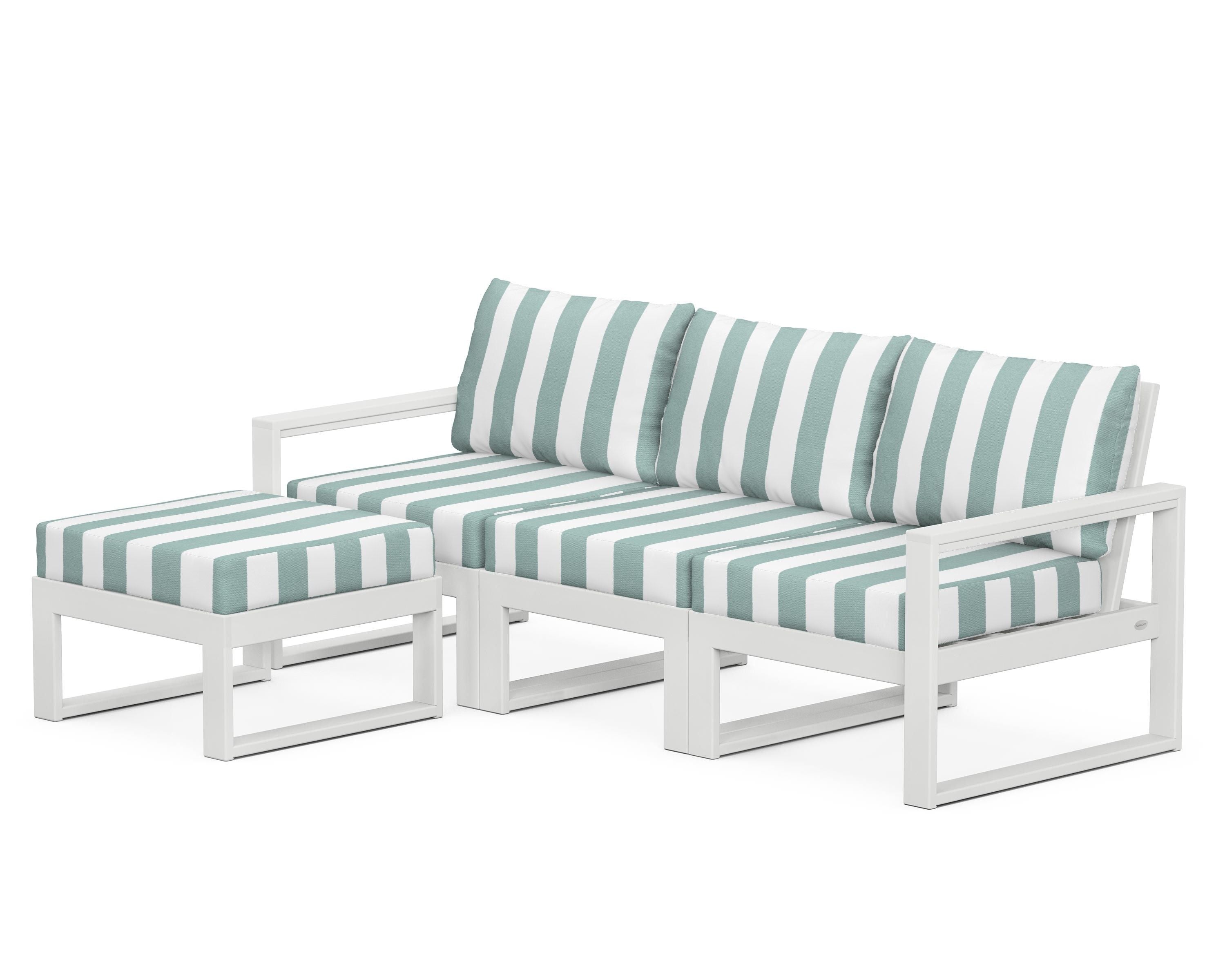 POLYWOOD® EDGE 4-Piece Modular Deep Seating Set with Ottoman in White / Cabana Stripe Glacier Spa