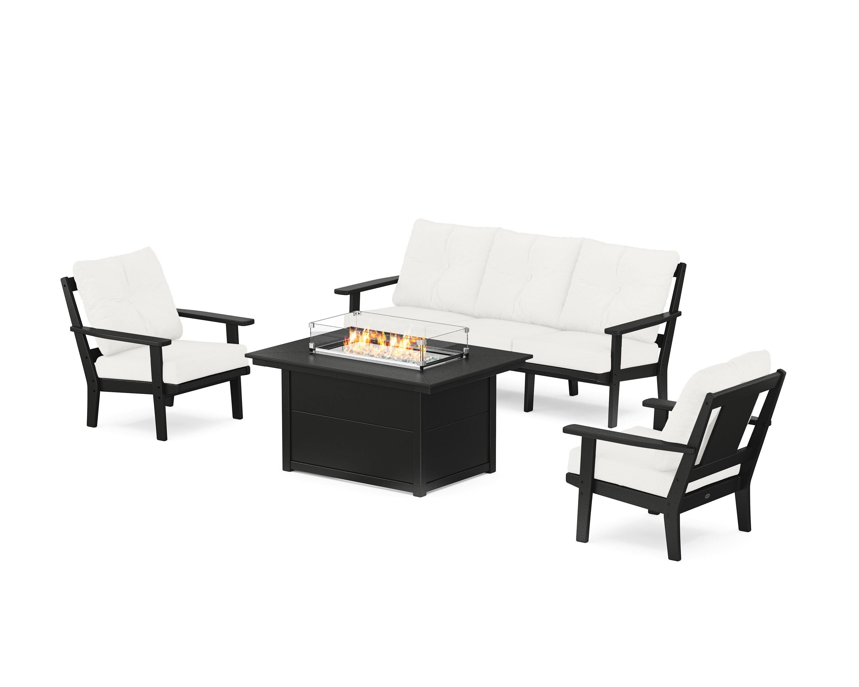 POLYWOOD® Prairie Deep Seating Fire Pit Table Set in Black / Natural Linen