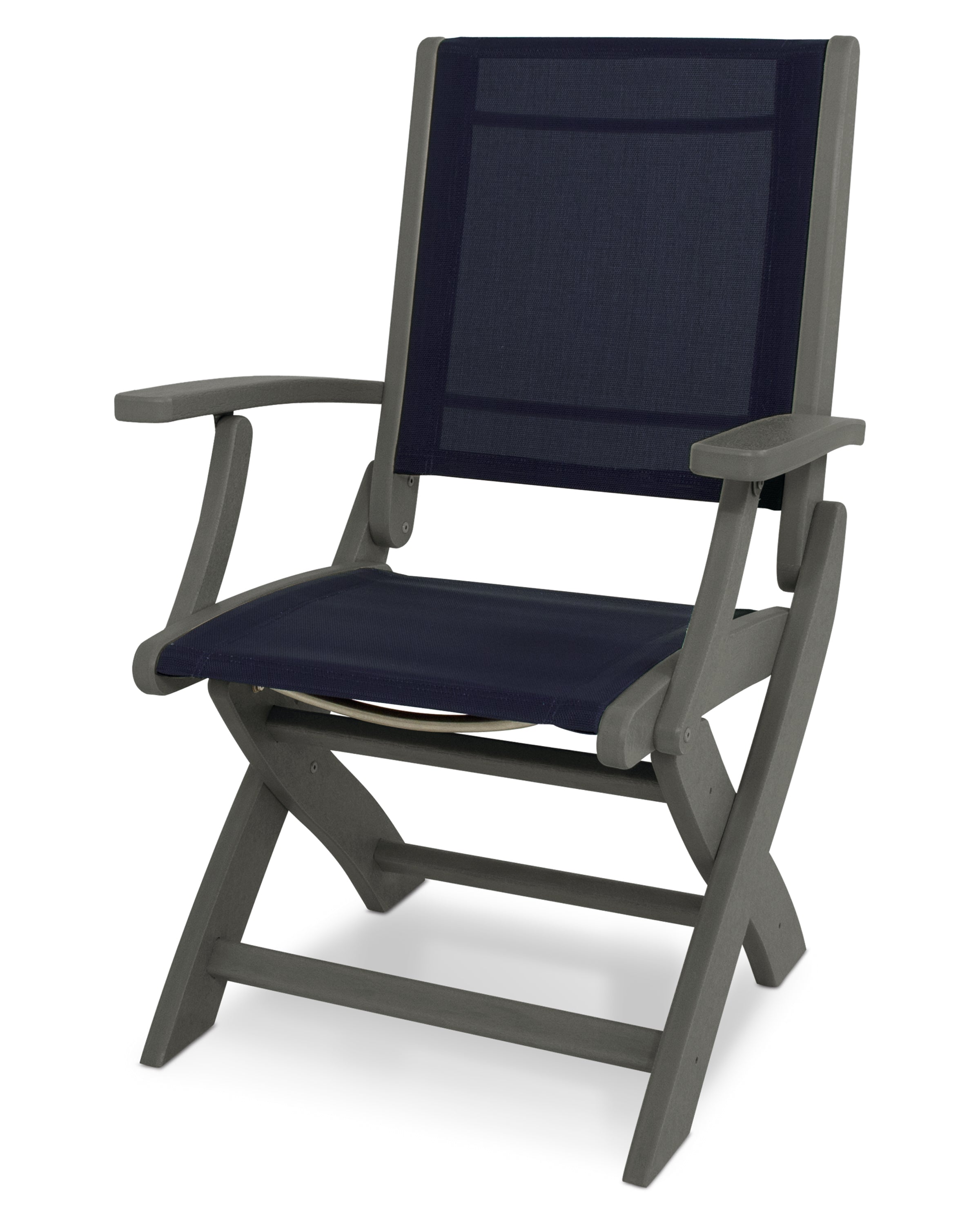 POLYWOOD® Coastal Folding Chair in Slate Grey / Navy Blue Sling