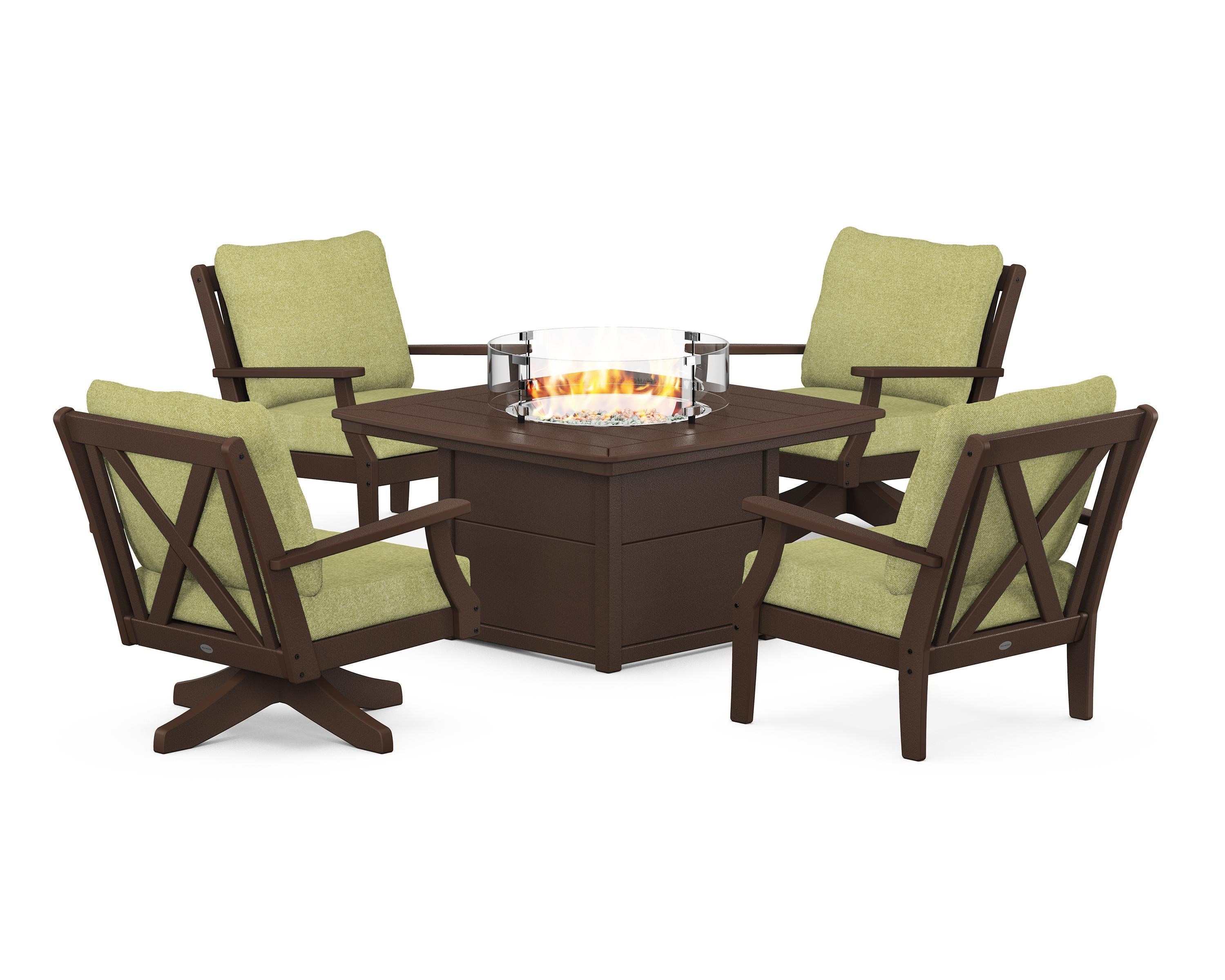 POLYWOOD® Braxton 5-Piece Deep Seating Set with Fire Table in Mahogany / Chartreuse Boucle