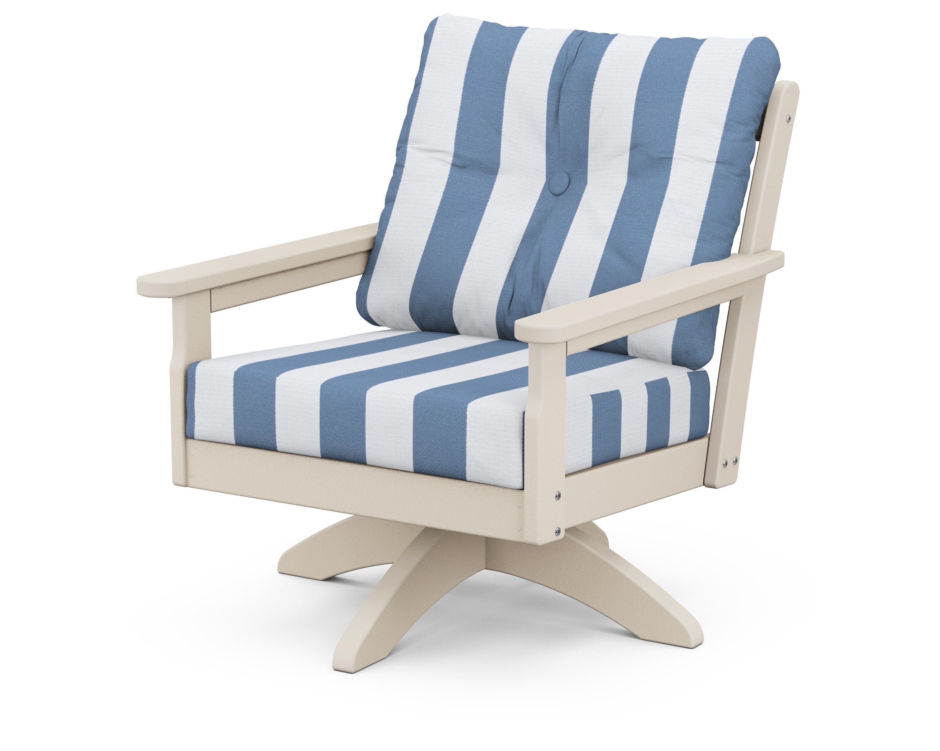 POLYWOOD® Vineyard Deep Seating Swivel Chair in Sand / Cabana Stripe Sky Blue