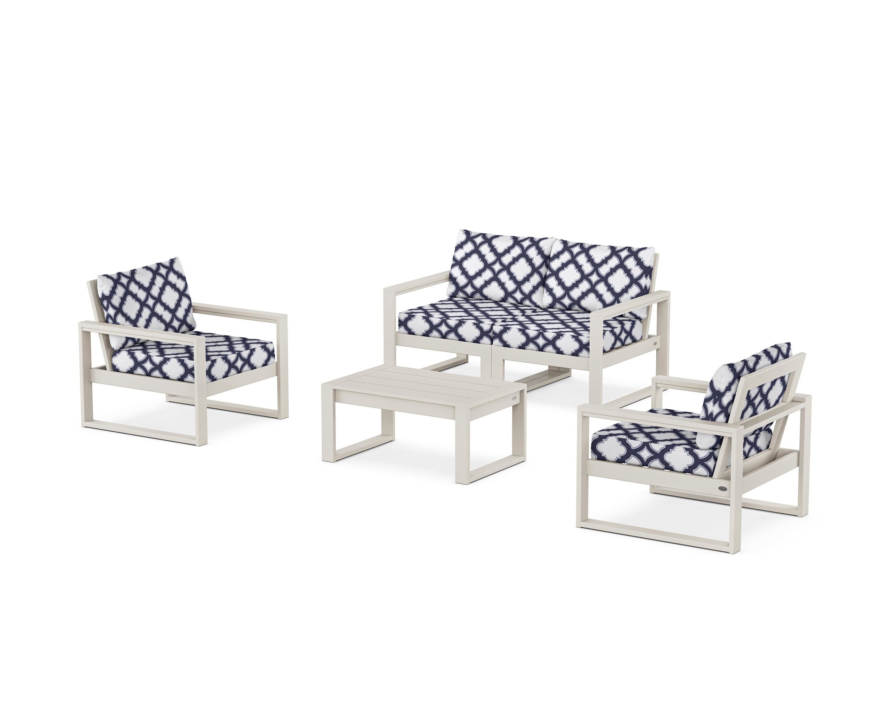 POLYWOOD® EDGE Sectional 4-Piece Deep Seating Set with Loveseat in Sand / Trellis Navy