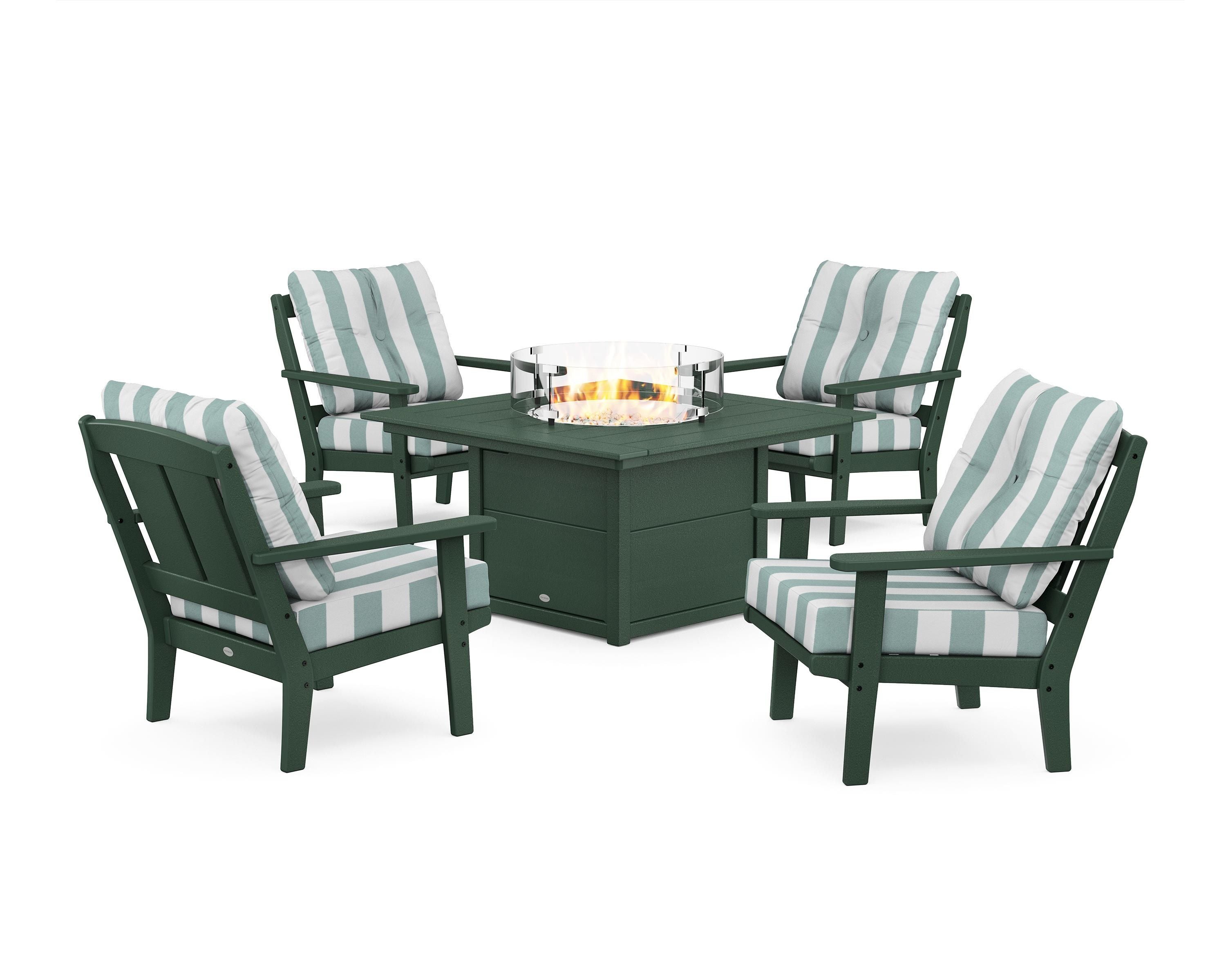 POLYWOOD® Mission 5-Piece Deep Seating Set with Fire Pit Table in Green / Cabana Stripe Glacier Spa