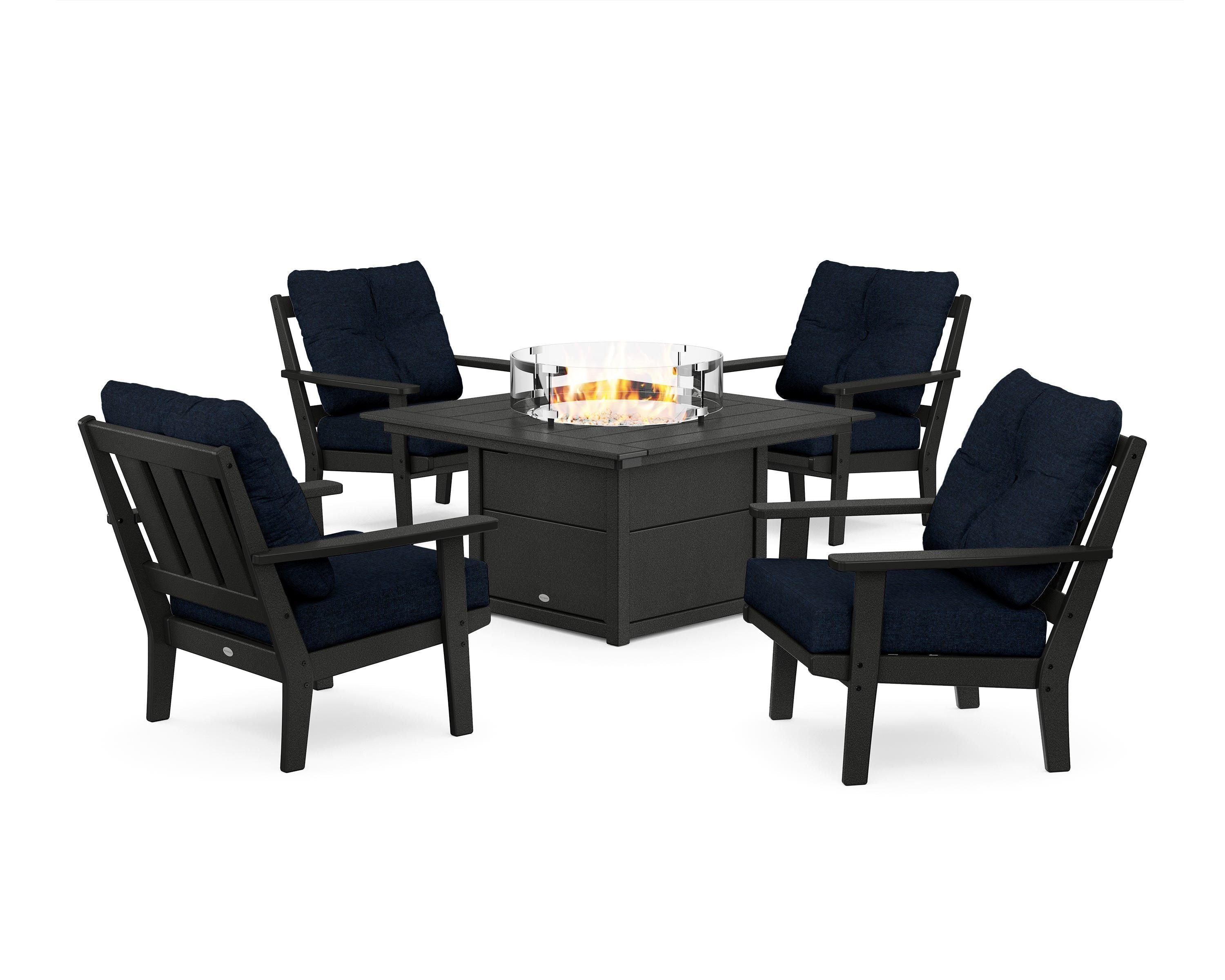POLYWOOD® Oxford 5-Piece Deep Seating Set with Fire Pit Table in Black / Marine Indigo
