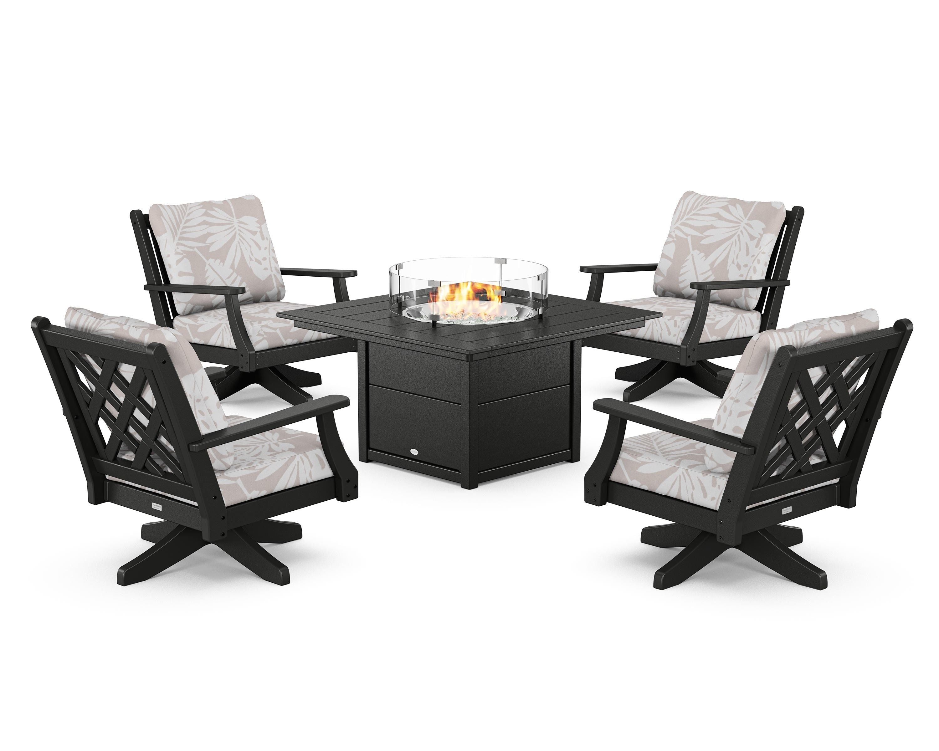 Country Living Wovendale 5-Piece Deep Seating Swivel Conversation Set with Fire Pit Table in Black / Leaf Dune Burlap