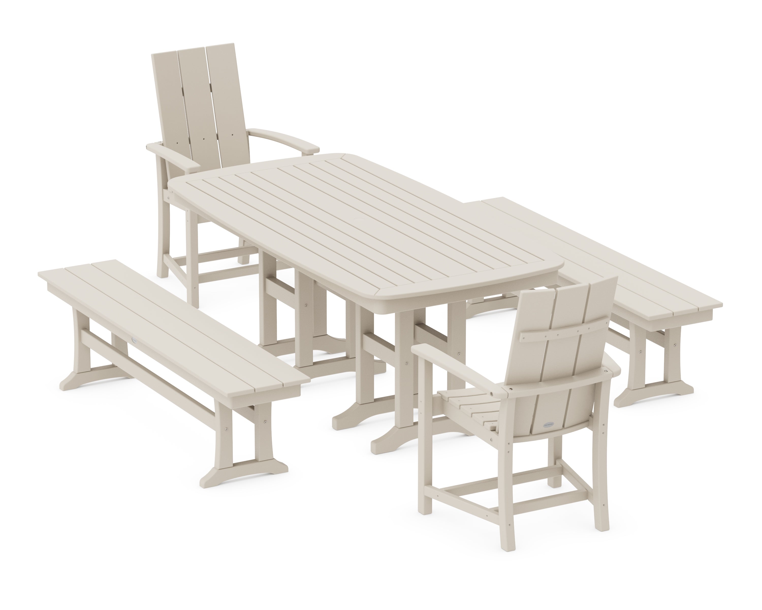 POLYWOOD® Modern Adirondack 5-Piece Farmhouse Dining Set with Benches in Sand
