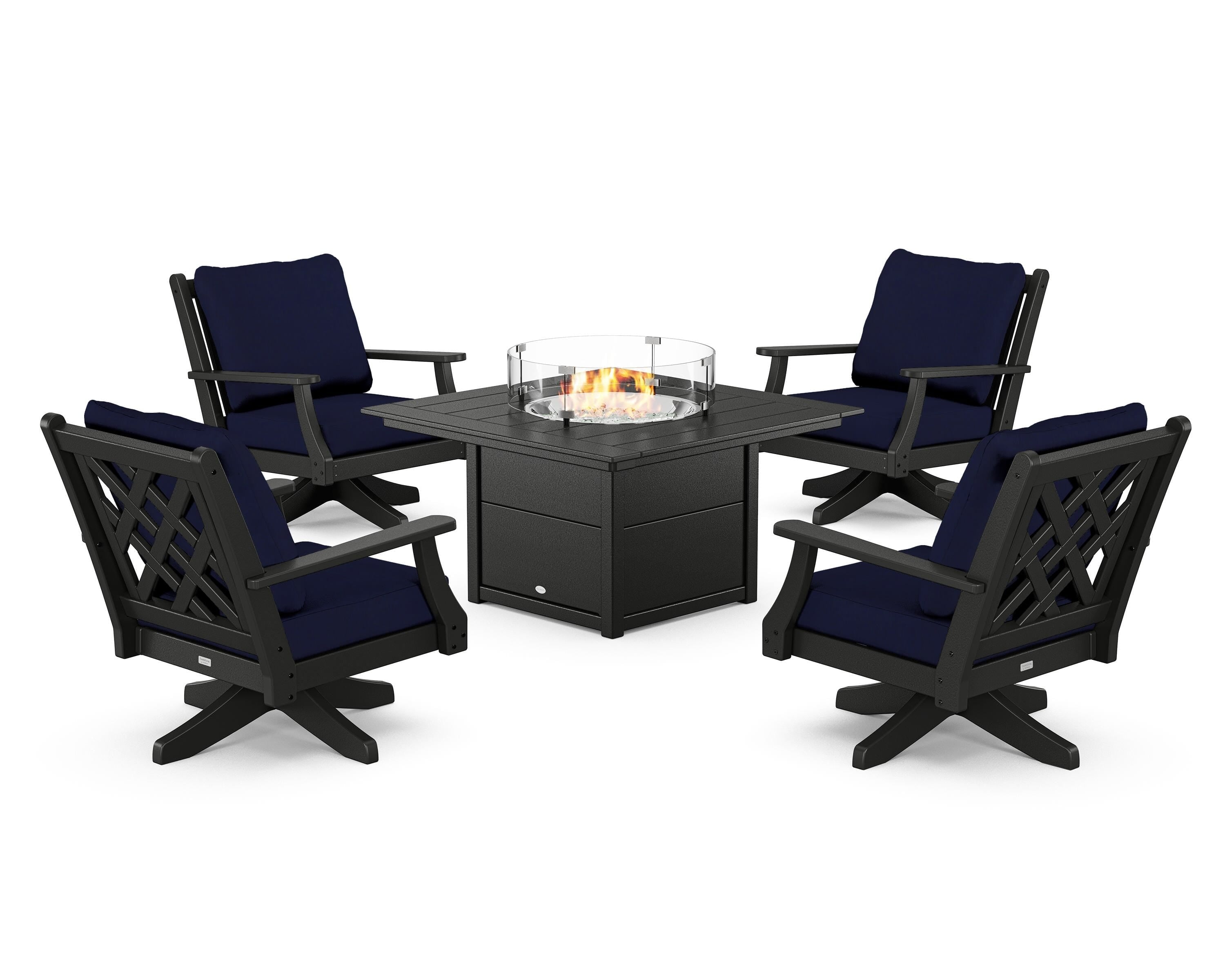 Country Living Wovendale 5-Piece Deep Seating Swivel Conversation Set with Fire Pit Table in Black / Navy