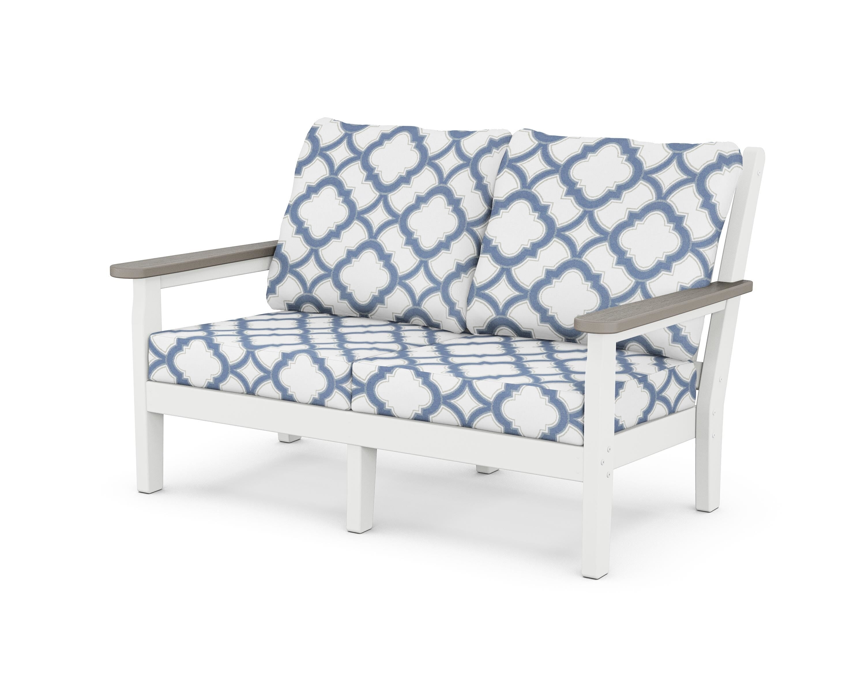 POLYWOOD® Chippendale Deep Seating Loveseat in White / Driftwood / Trellis Sky Blue