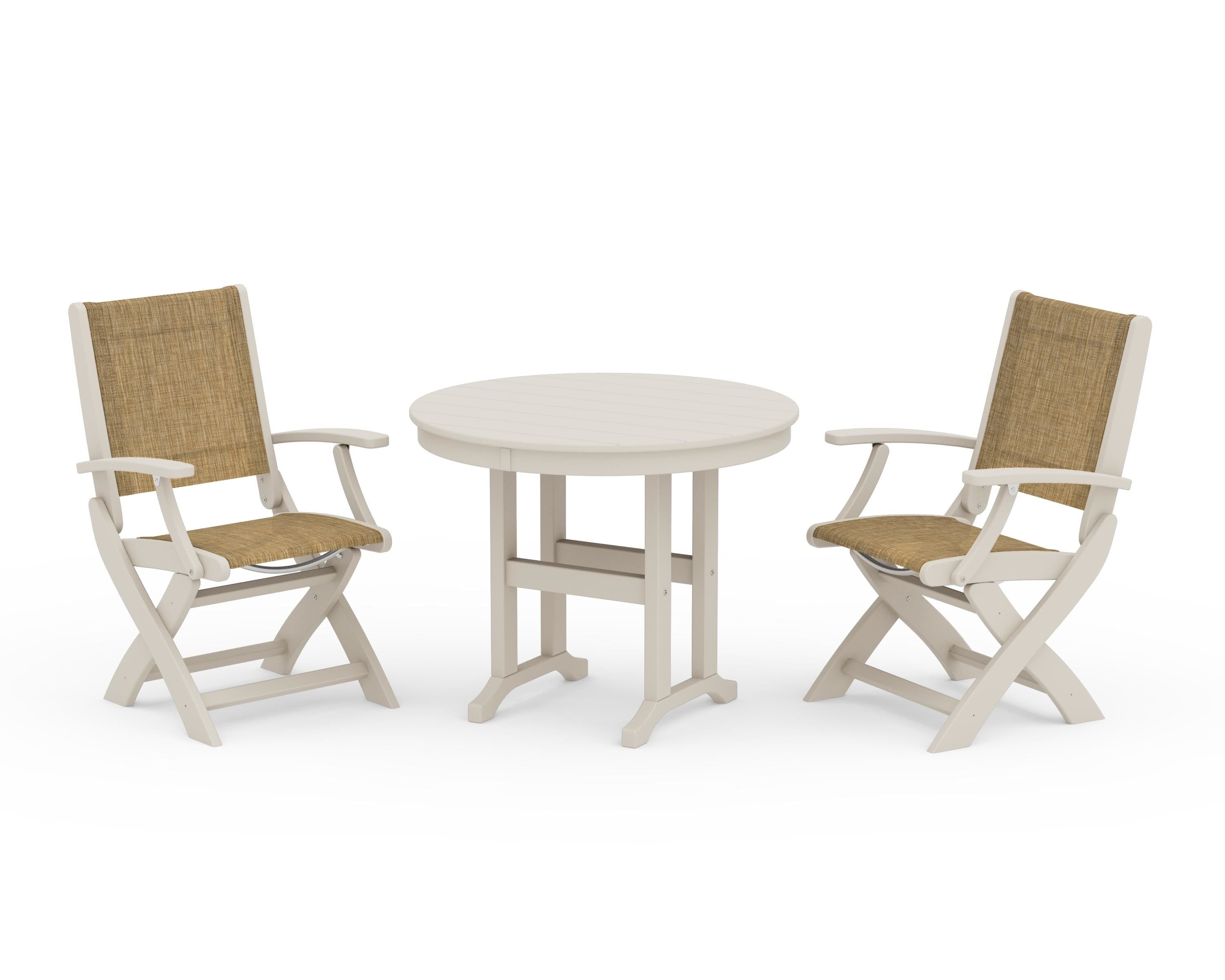 POLYWOOD® Coastal Folding Chair 3-Piece Round Dining Set in Sand / Burlap Sling