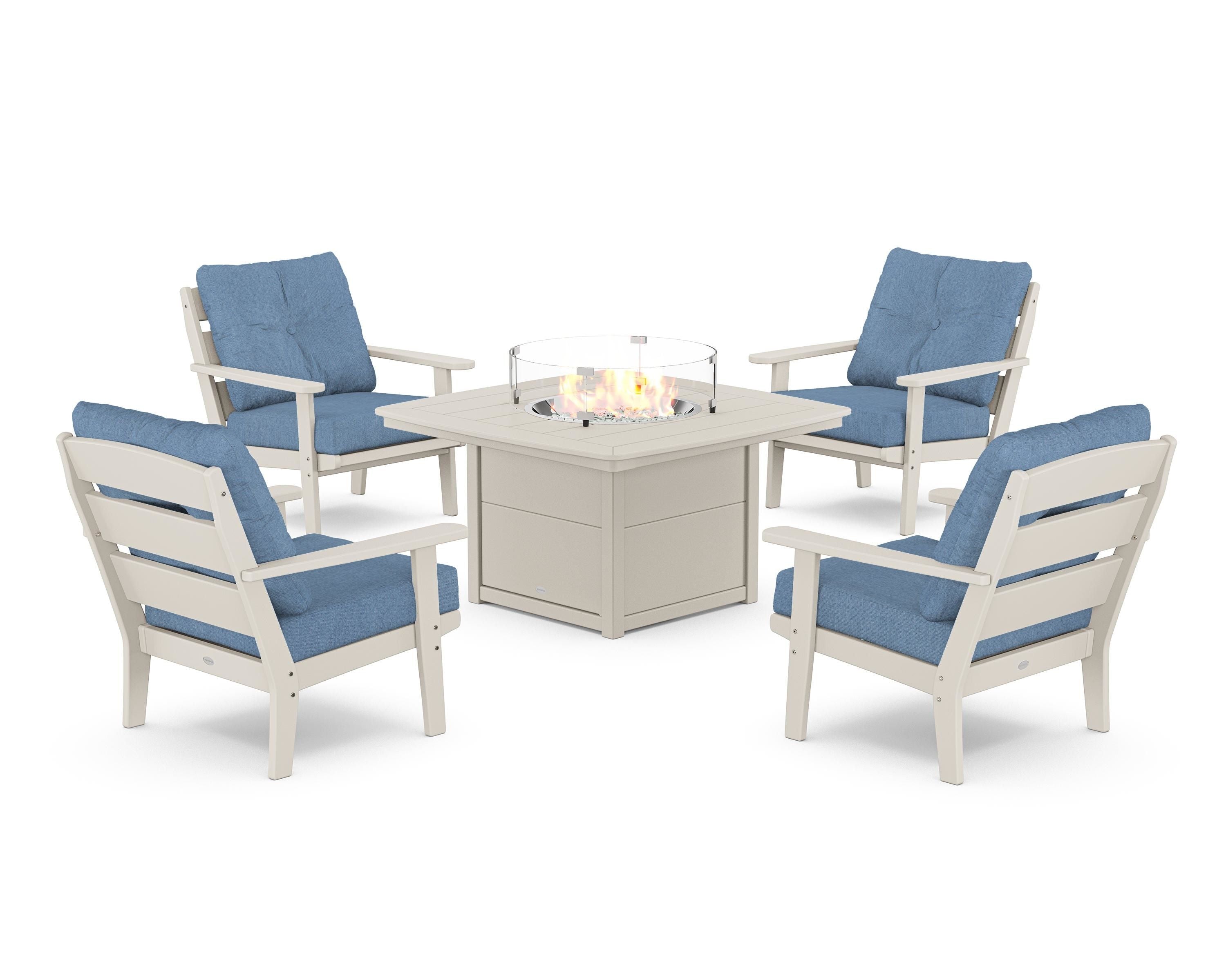 POLYWOOD® Lakeside 5-Piece Deep Seating Set with Nautical Fire Pit Table in Sand / Sky Blue