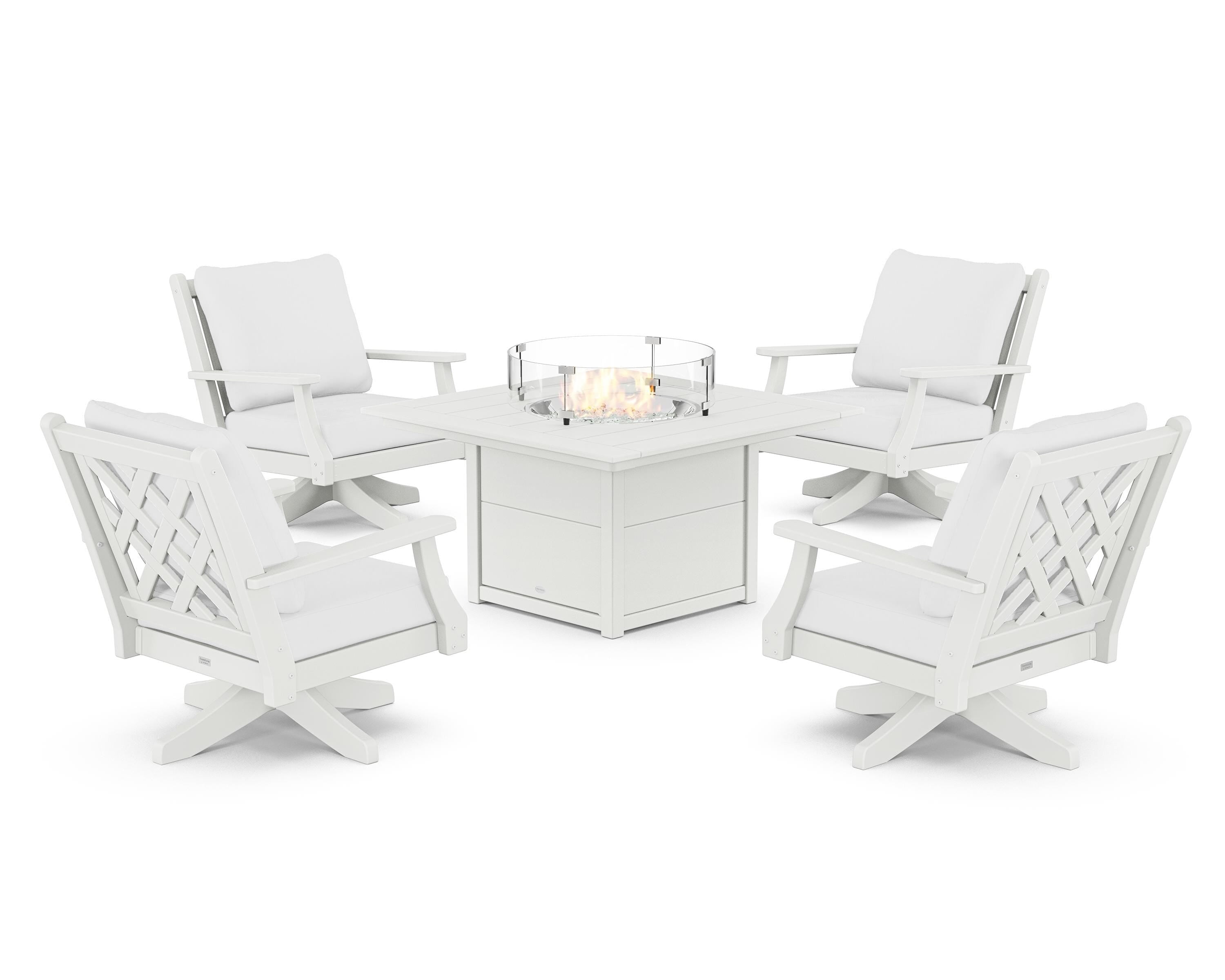 Country Living Wovendale 5-Piece Deep Seating Swivel Conversation Set with Fire Pit Table in White / Natural