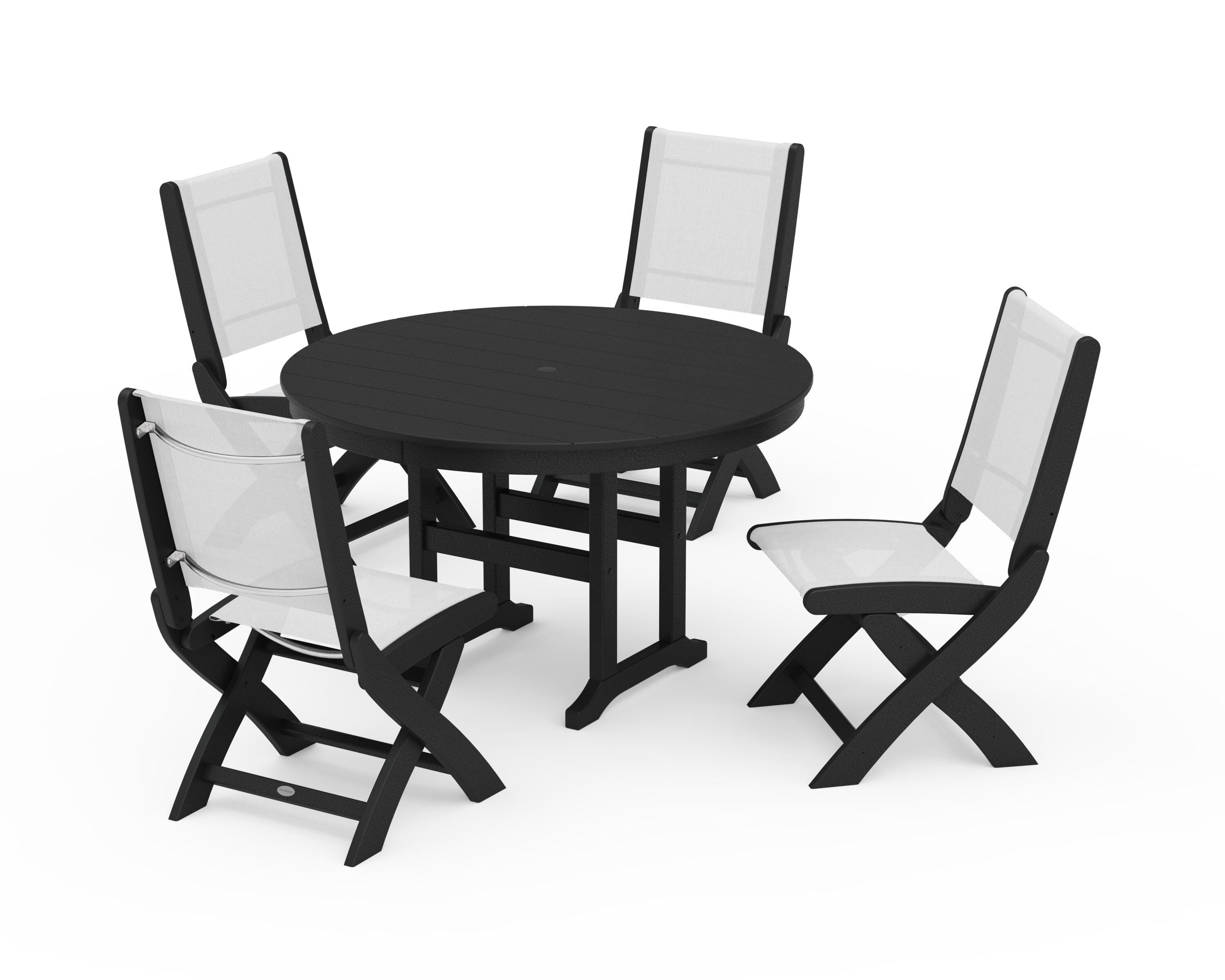 POLYWOOD® Coastal Folding Side Chair 5-Piece Round Dining Set in Black / White Sling