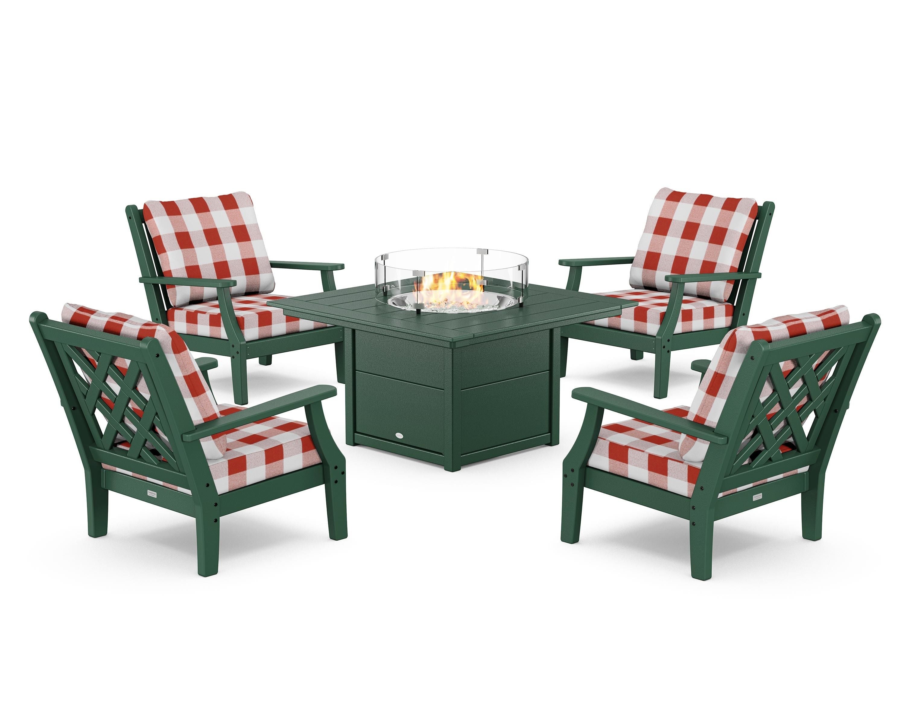 Country Living Wovendale 5-Piece Deep Seating Set with Fire Pit Table in Green / Buffalo Plaid Crimson