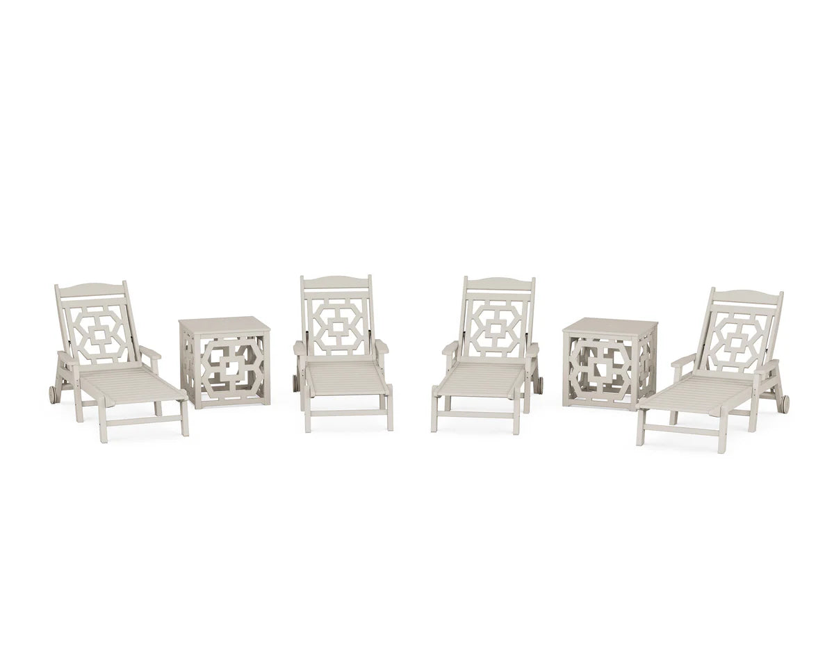 Chinoiserie 6-Piece Chaise Set with Umbrella Stand Accent Table