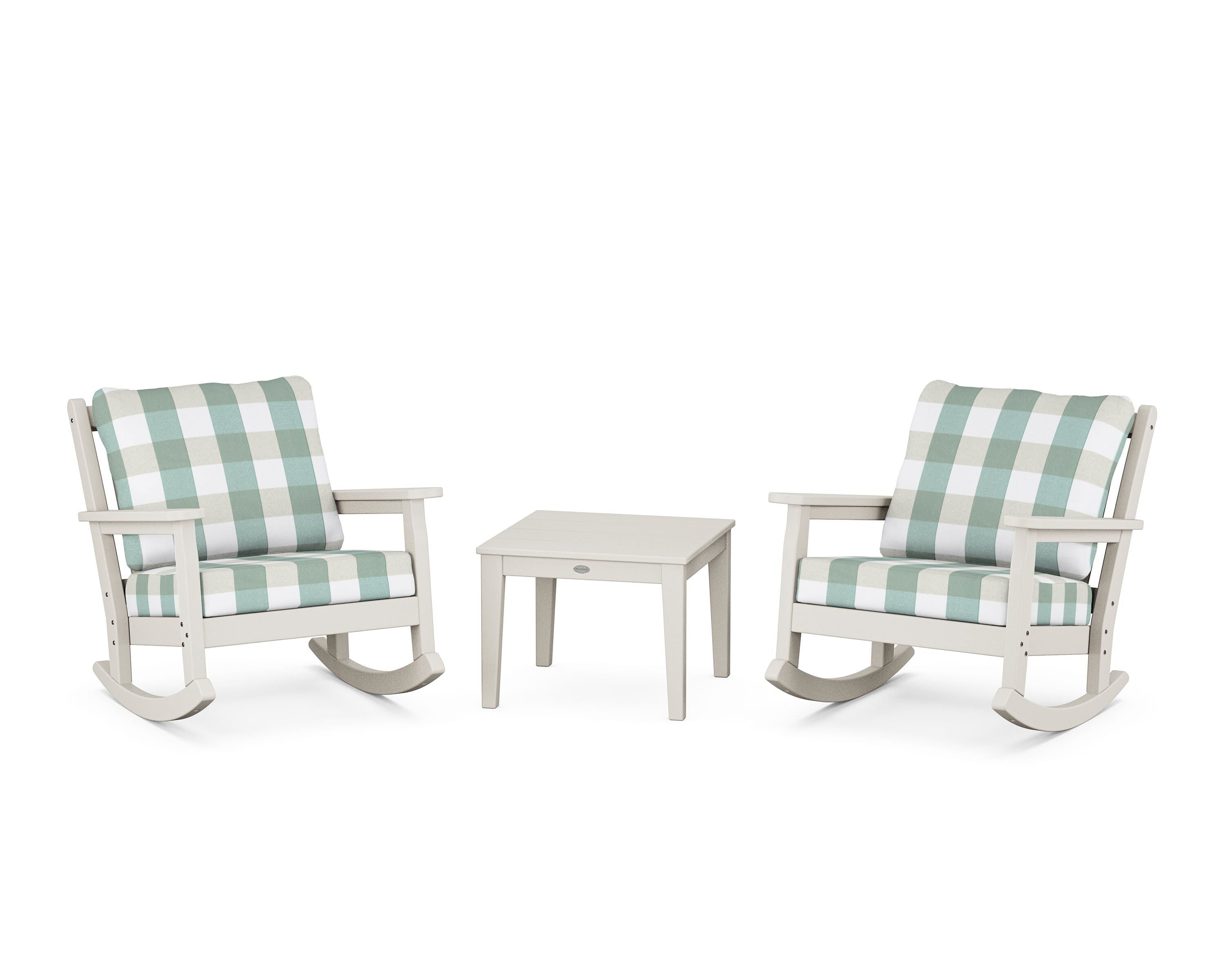 POLYWOOD® Chippendale 3-Piece Deep Seating Rocker Set in Sand / Buffalo Plaid Glacier Spa
