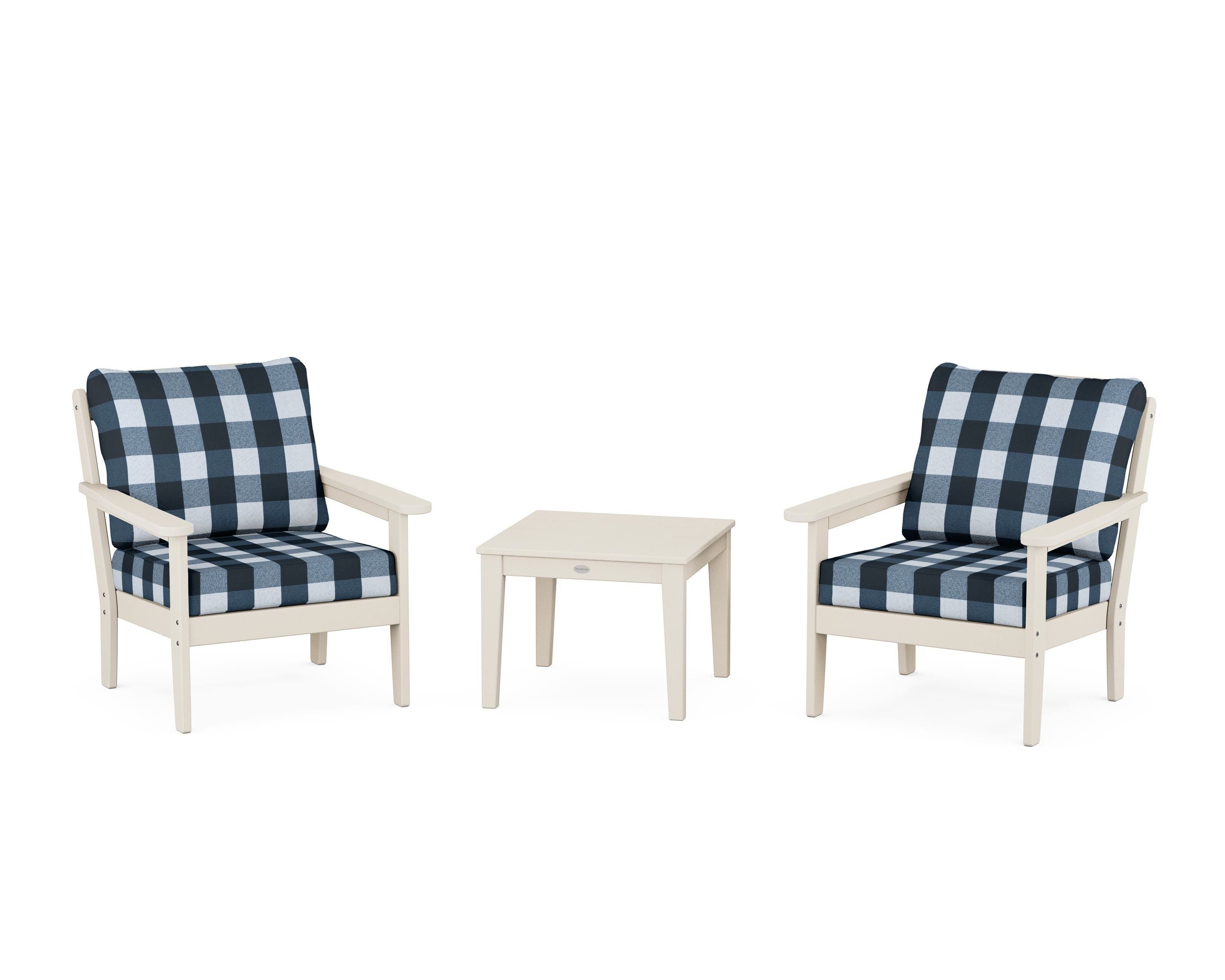 Country Living Cottage 3-Piece Deep Seating Set in Sand / Buffalo Plaid Marine Indigo