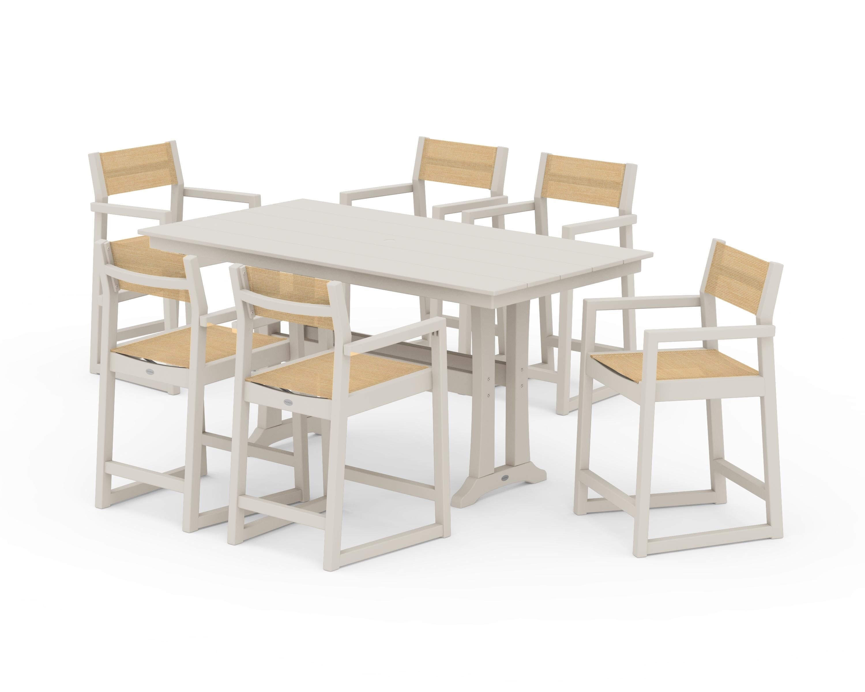 POLYWOOD® EDGE Sling Arm Chair 7-Piece Farmhouse Counter Set with Trestle Legs in Sand / Dupioni Apricot Sling
