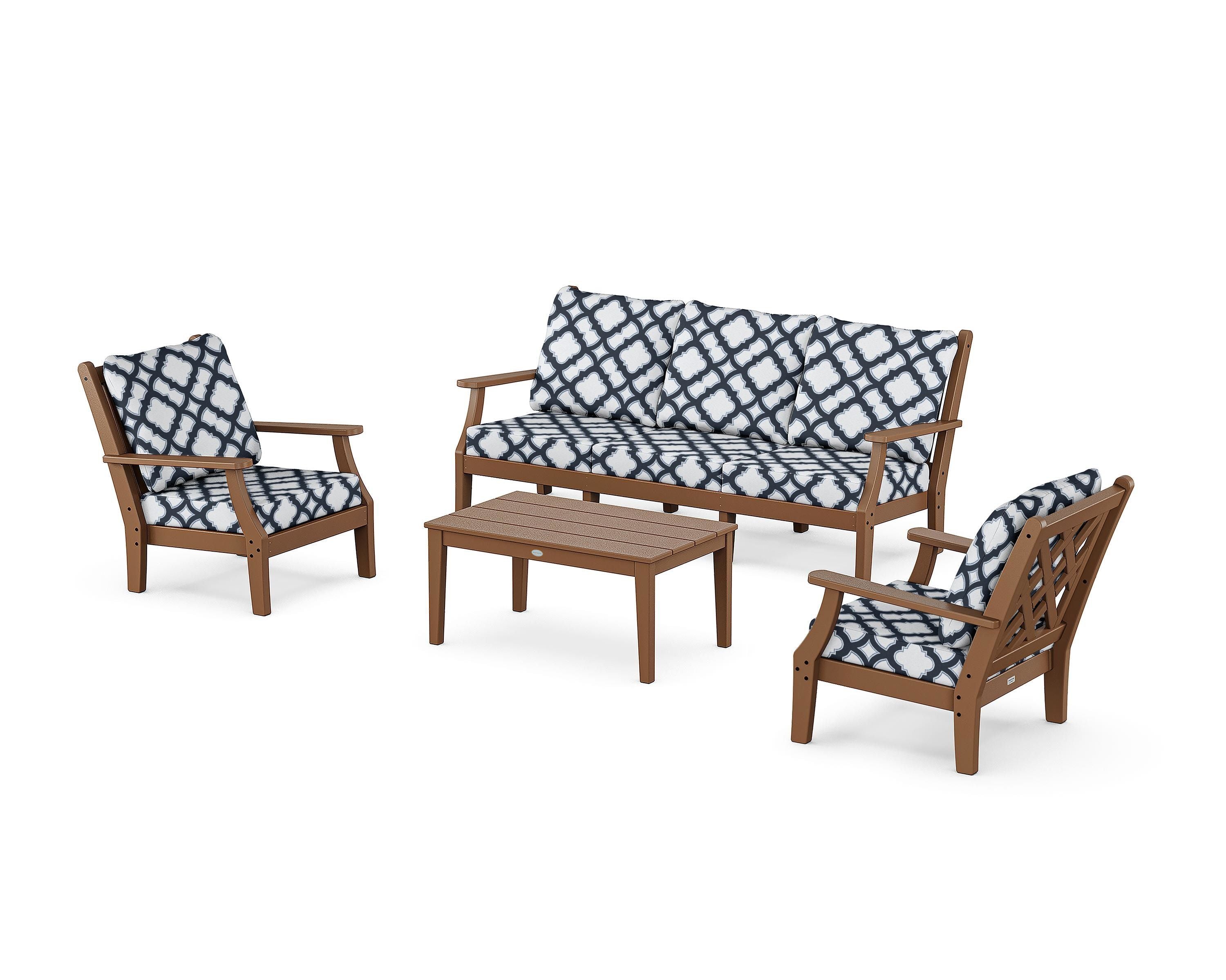 Country Living Wovendale 4-Piece Deep Seating Set with Sofa in Teak / Trellis Marine Indigo