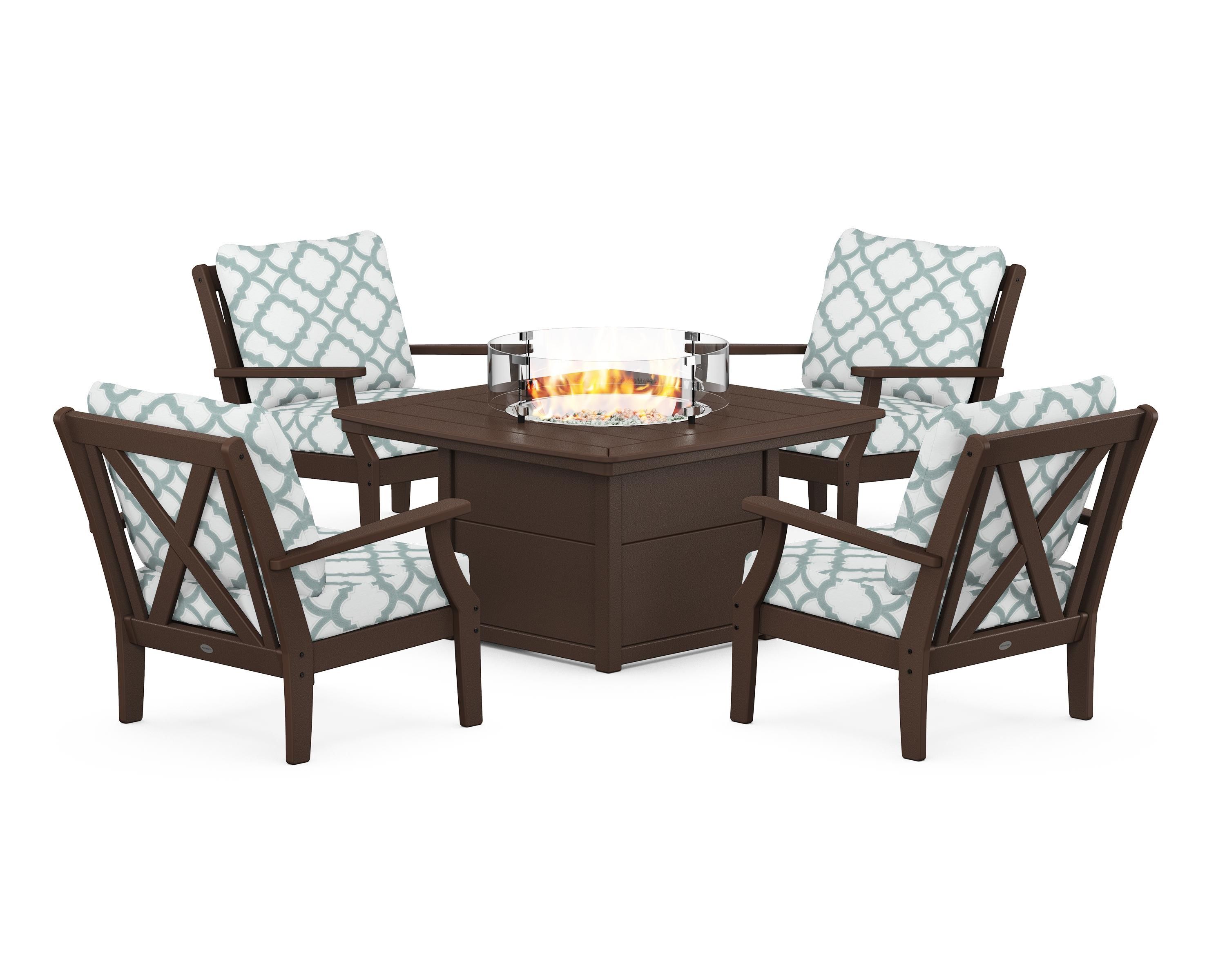 POLYWOOD® Braxton 5-Piece Deep Seating Conversation Set with Fire Pit Table in Mahogany / Trellis Glacier Spa