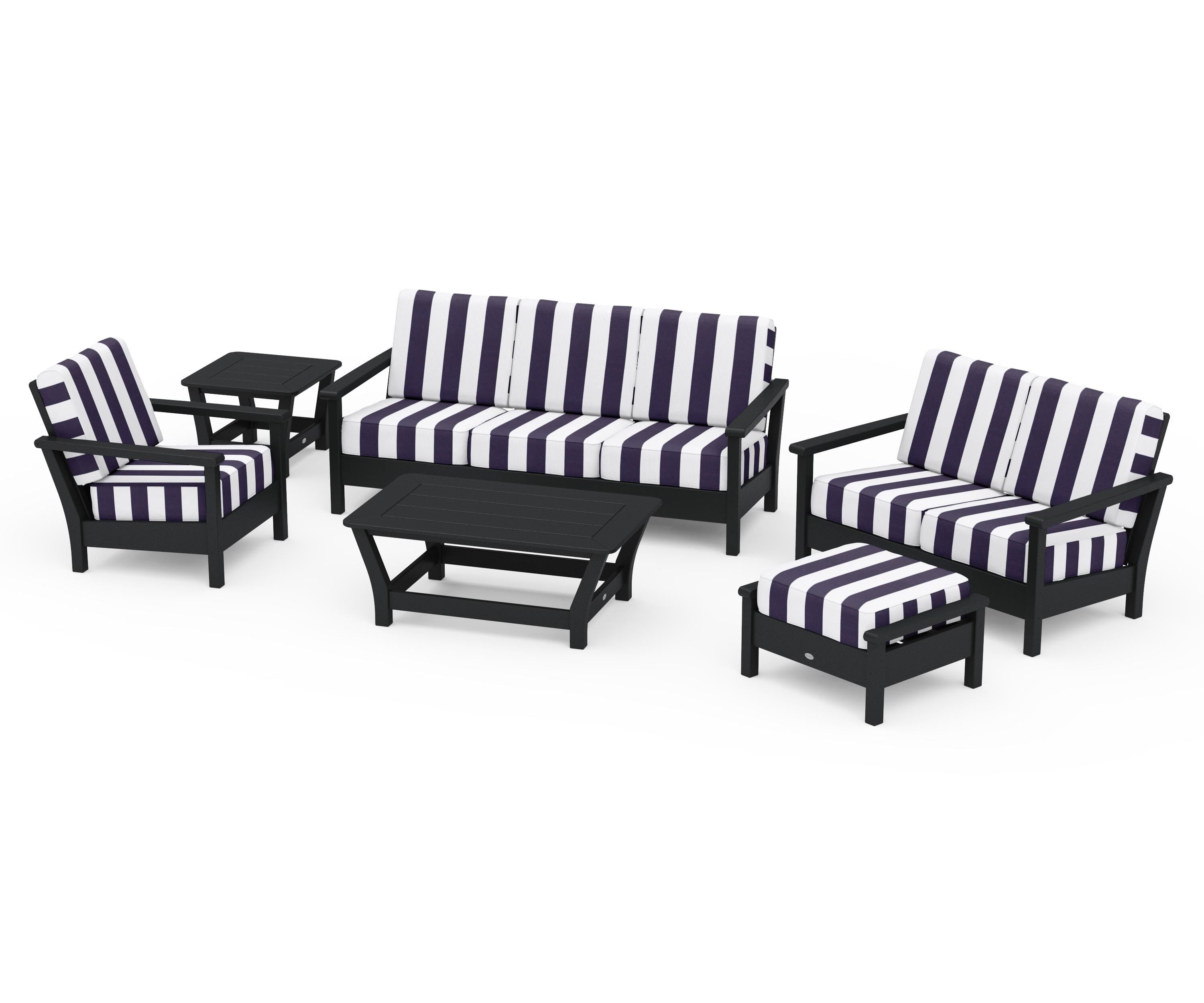 POLYWOOD® Harbour 6-Piece Outdoor Living Set in Black / Cabana Stripe Navy